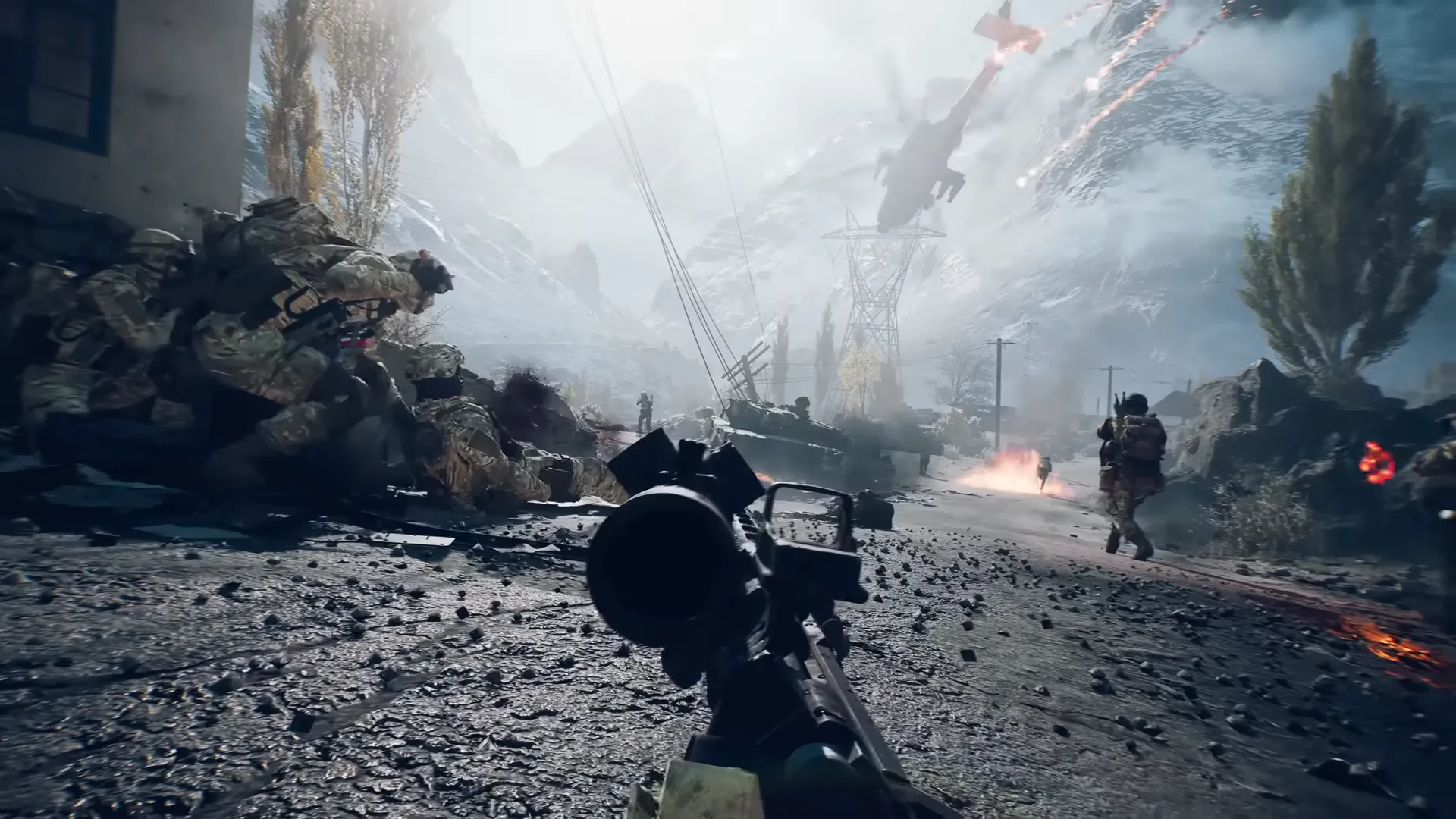 Cảnh Liberation Peak từ trailer Battlefield 6, minh họa map và hành động di chuyển lính