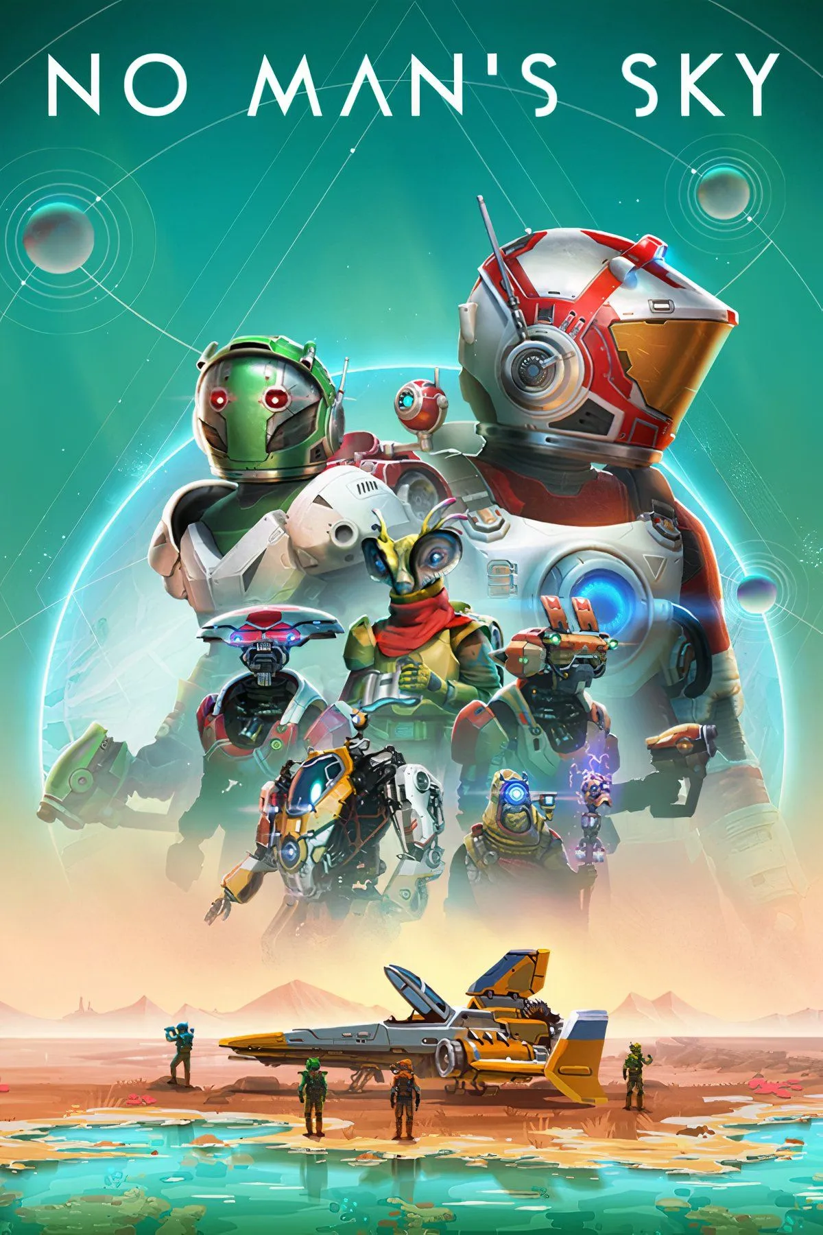 Cảnh một hành tinh trong No Man's Sky với màu sắc và địa hình được tạo thủ tục, biểu tượng vũ trụ mở rộng