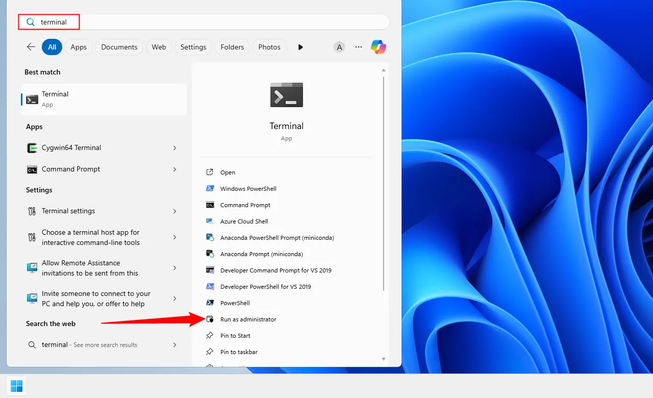 Chạy Windows Terminal dưới quyền quản trị để kiểm tra port đang lắng nghe