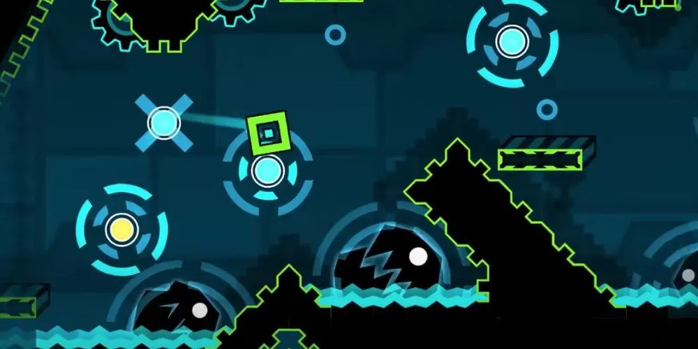 Cube nhảy qua kẻ thù trong Geometry Dash, hình ảnh minh họa các icon và phần thưởng unlock từ Vault