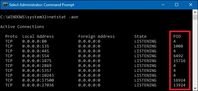 Danh sách PID liên quan đến cổng đang lắng nghe trong netstat