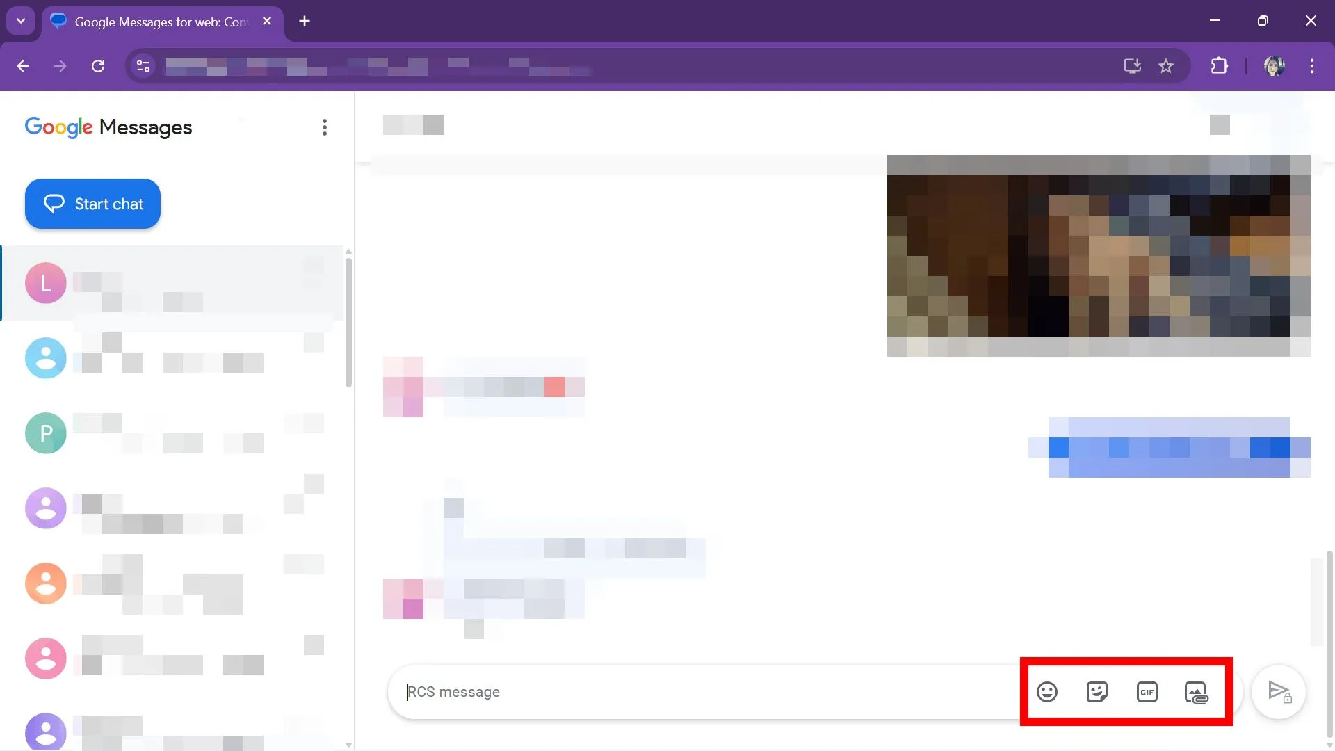 Danh sách tùy chọn trong một cuộc hội thoại Google Messages trên web, bao gồm pin, xoá, chặn