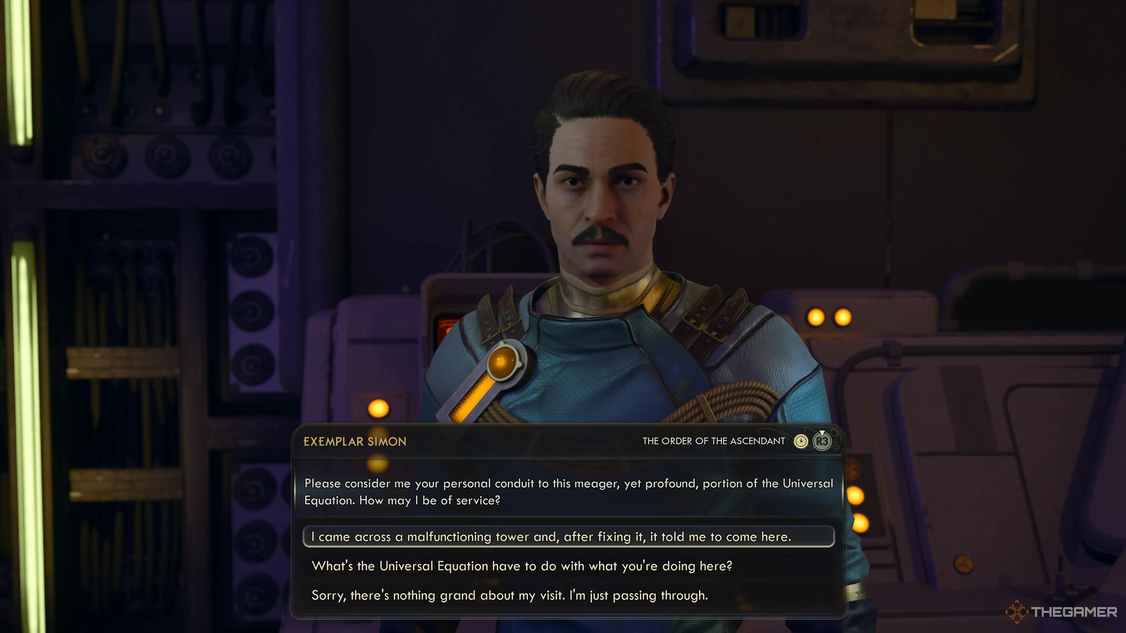 Exemplar Simon giải thích về tháp sét tại Praetor trong The Outer Worlds 2