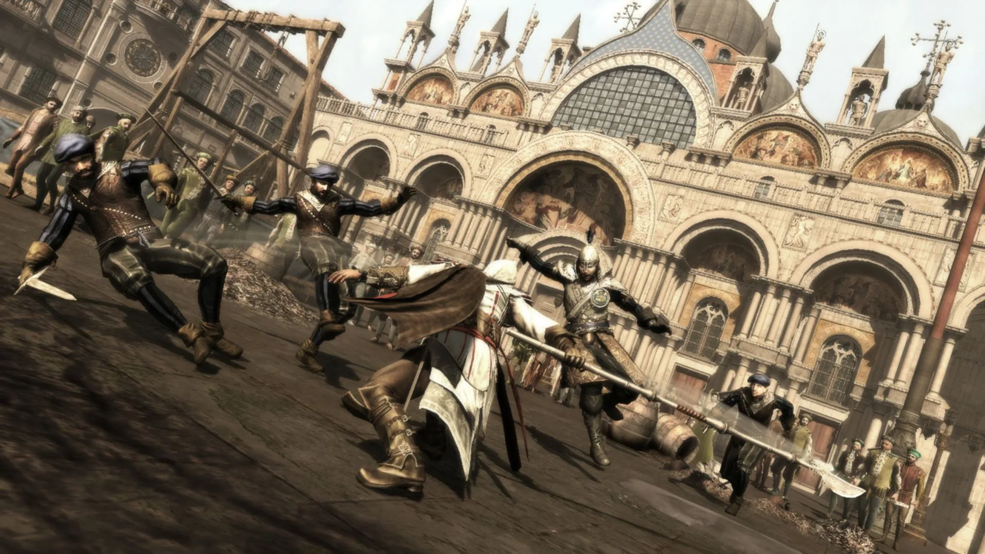 Ezio đánh rìu vào nhóm vệ binh trong Assassin's Creed II, minh họa tính nhịp điệu của counter và timing.