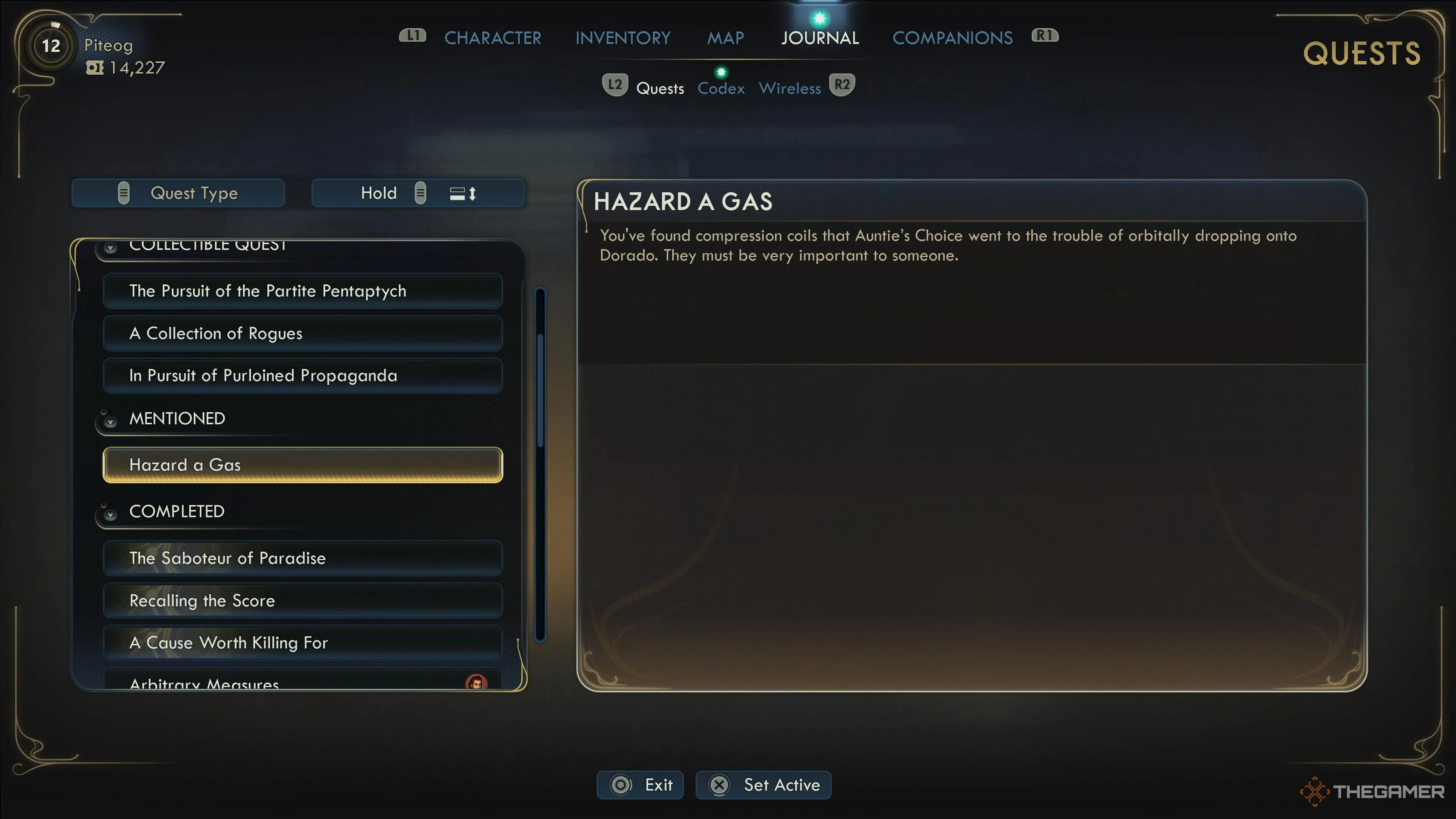 Ghi chú nhiệm vụ Hazard A Gas trong Journal của The Outer Worlds 2, hiển thị mục Mentioned liên quan tới AutoDoc Compression Coil