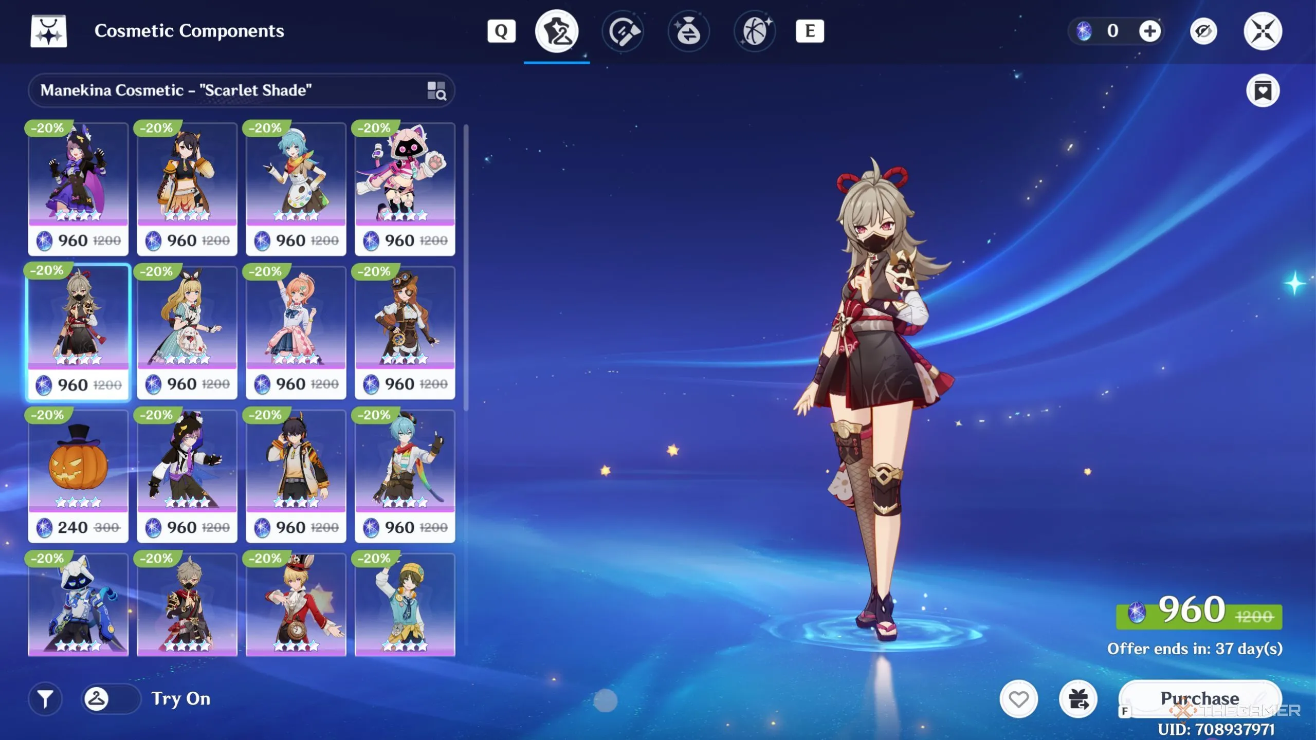 Gian hàng trang phục trong Miliastra Shop hiển thị các Cosmetic Components và tùy chọn mua bằng Chronal Nexus