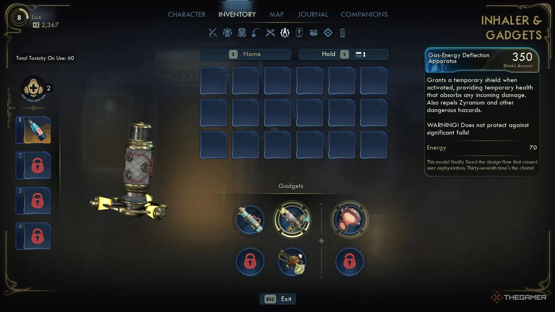 Giao diện các Gadgets trong menu, hiển thị Gas-Energy Deflection Apparatus trong The Outer Worlds 2