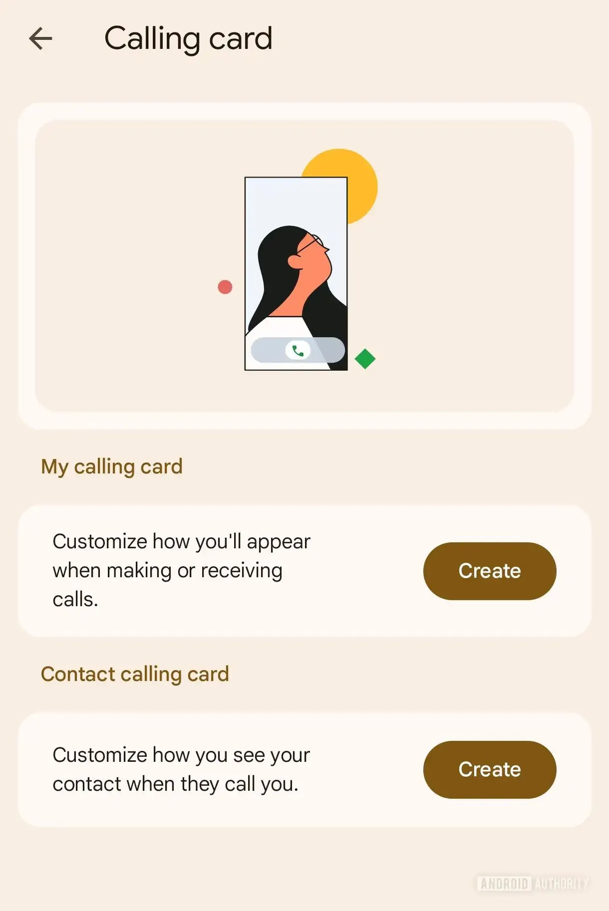 Giao diện cài đặt Calling Cards trên Phone by Google hiển thị mô tả tính năng tùy chỉnh hình ảnh cuộc gọi