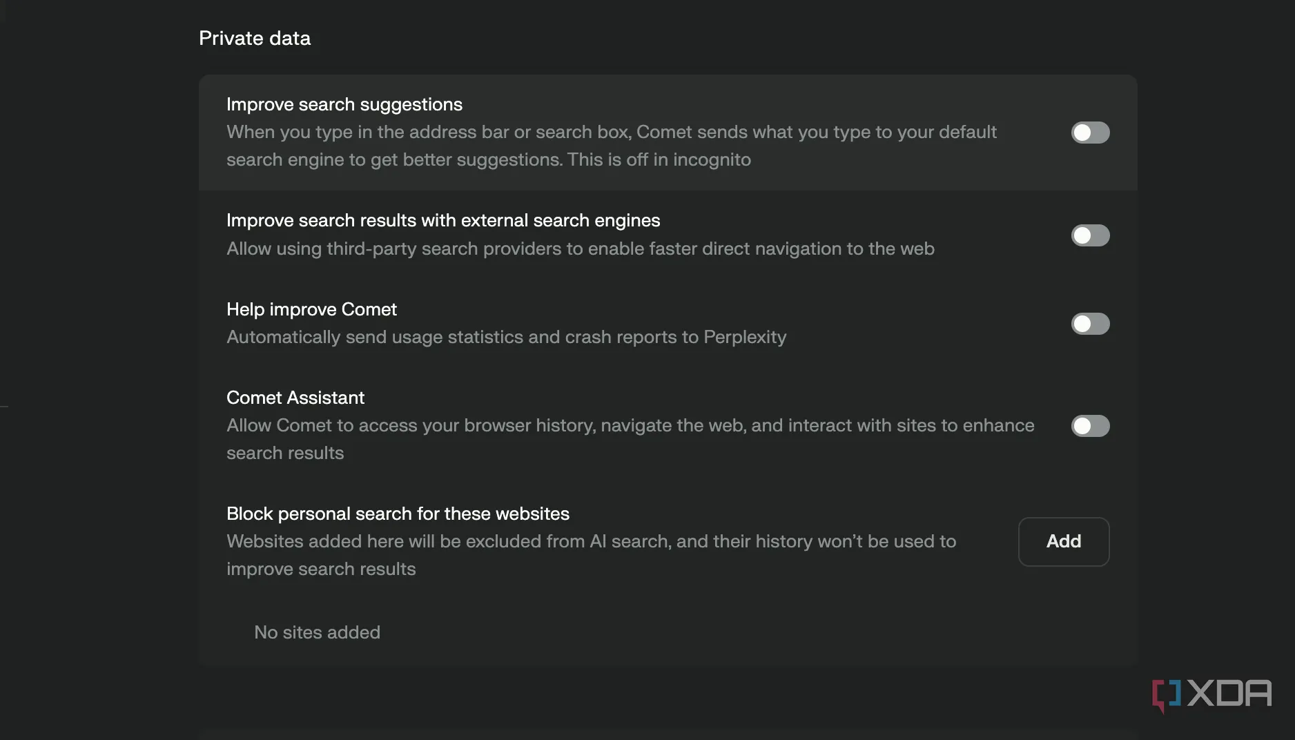 Giao diện cài đặt quyền riêng tư trên Comet, cho thấy các tuỳ chọn tắt AI và tracking để kiểm soát dữ liệu