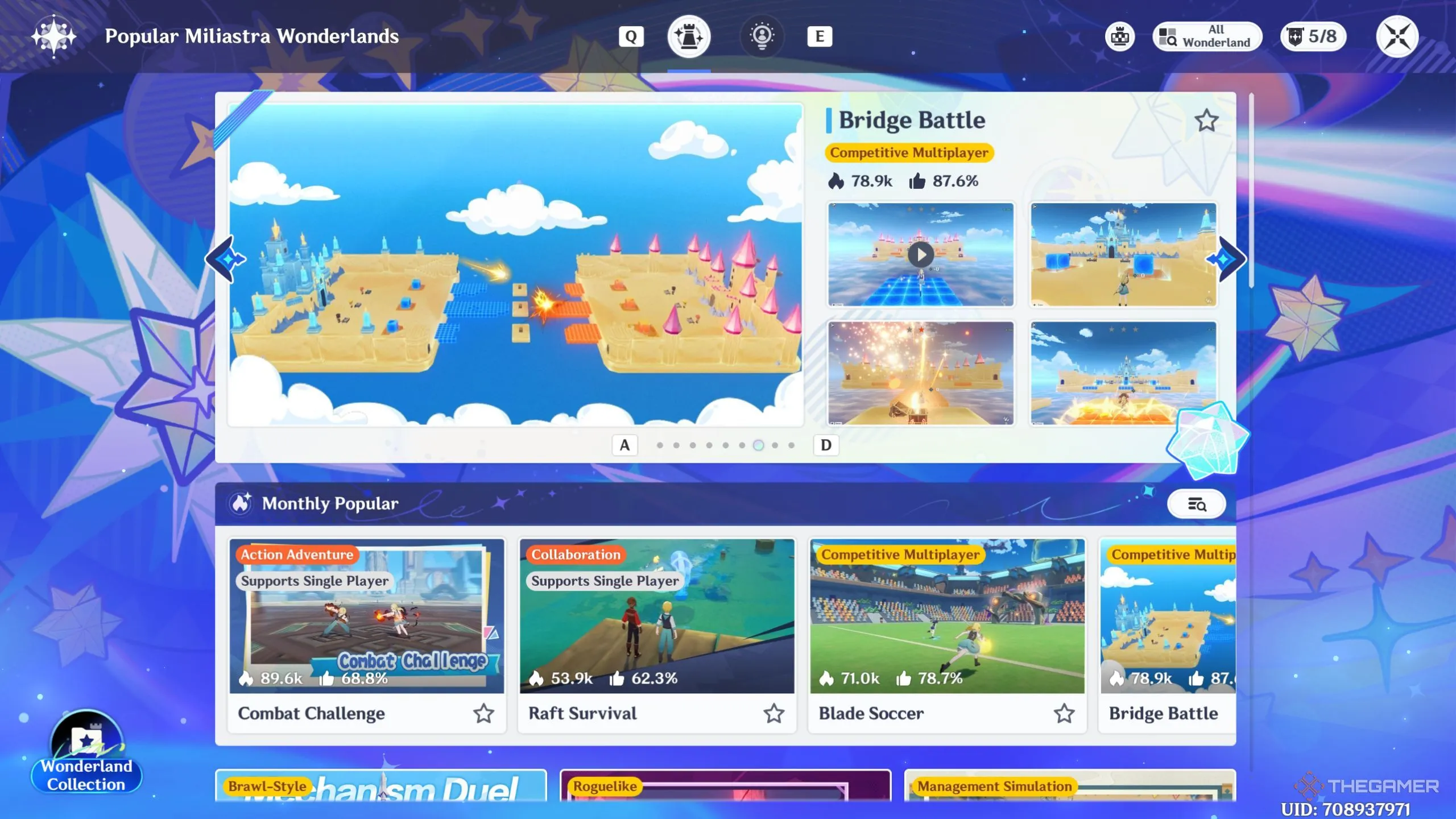 Giao diện chơi Miliastra Wonderland trong Genshin Impact, hiển thị catalog và lobby