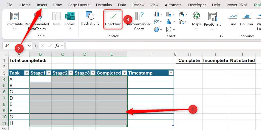 Giao diện chọn ô và nút Checkbox trên ribbon Excel, ẩn dụ cho thao tác thêm toggle nhiệm vụ trong UI game