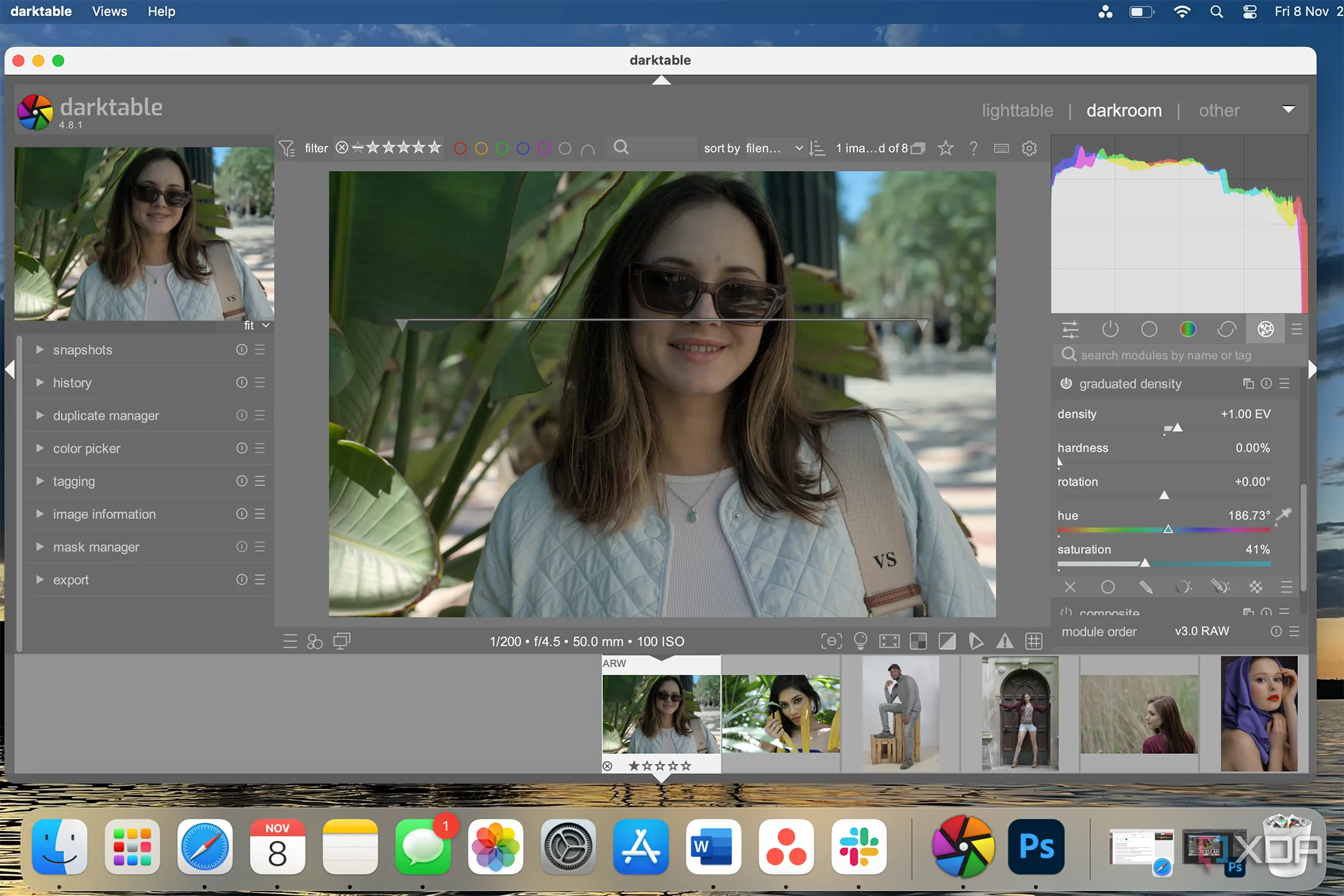 Giao diện Darktable với công cụ lọc graduated filter, minh họa chỉnh sửa ảnh screenshot hoặc ảnh cosplay trước khi xuất file thumbnail