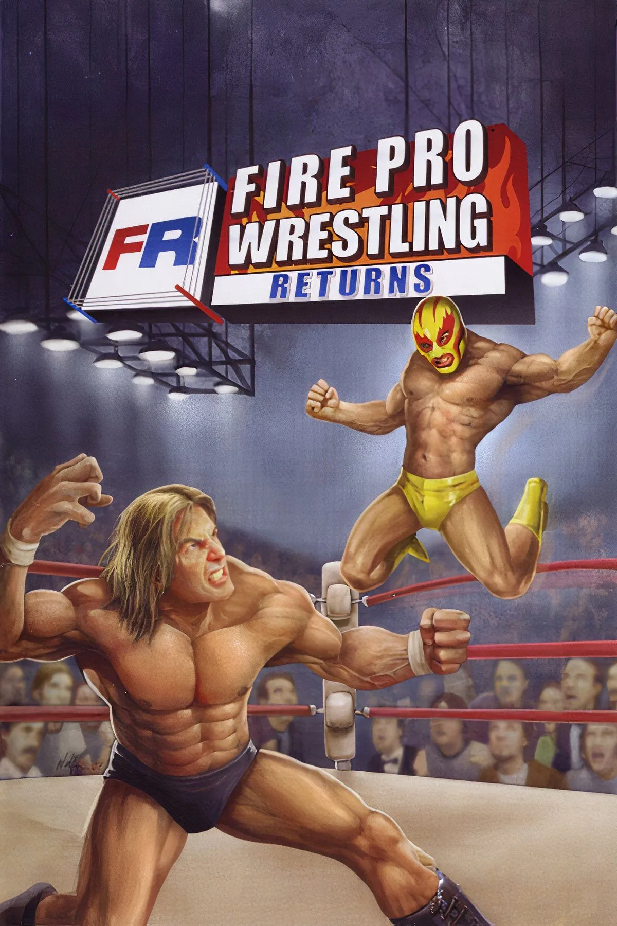 Giao diện đấu vật trong Fire Pro Wrestling Returns với nhiều wrestler trong danh sách nhân vật lớn