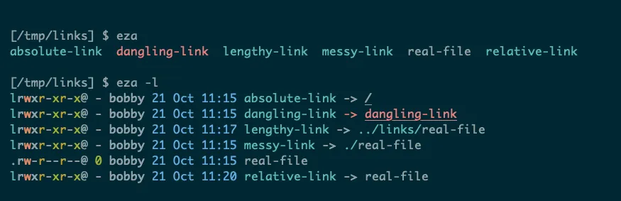 Giao diện eza trên Linux hiển thị các symlink hỏng màu đỏ, giúp nhận diện nhanh các dangling link trong thư mục