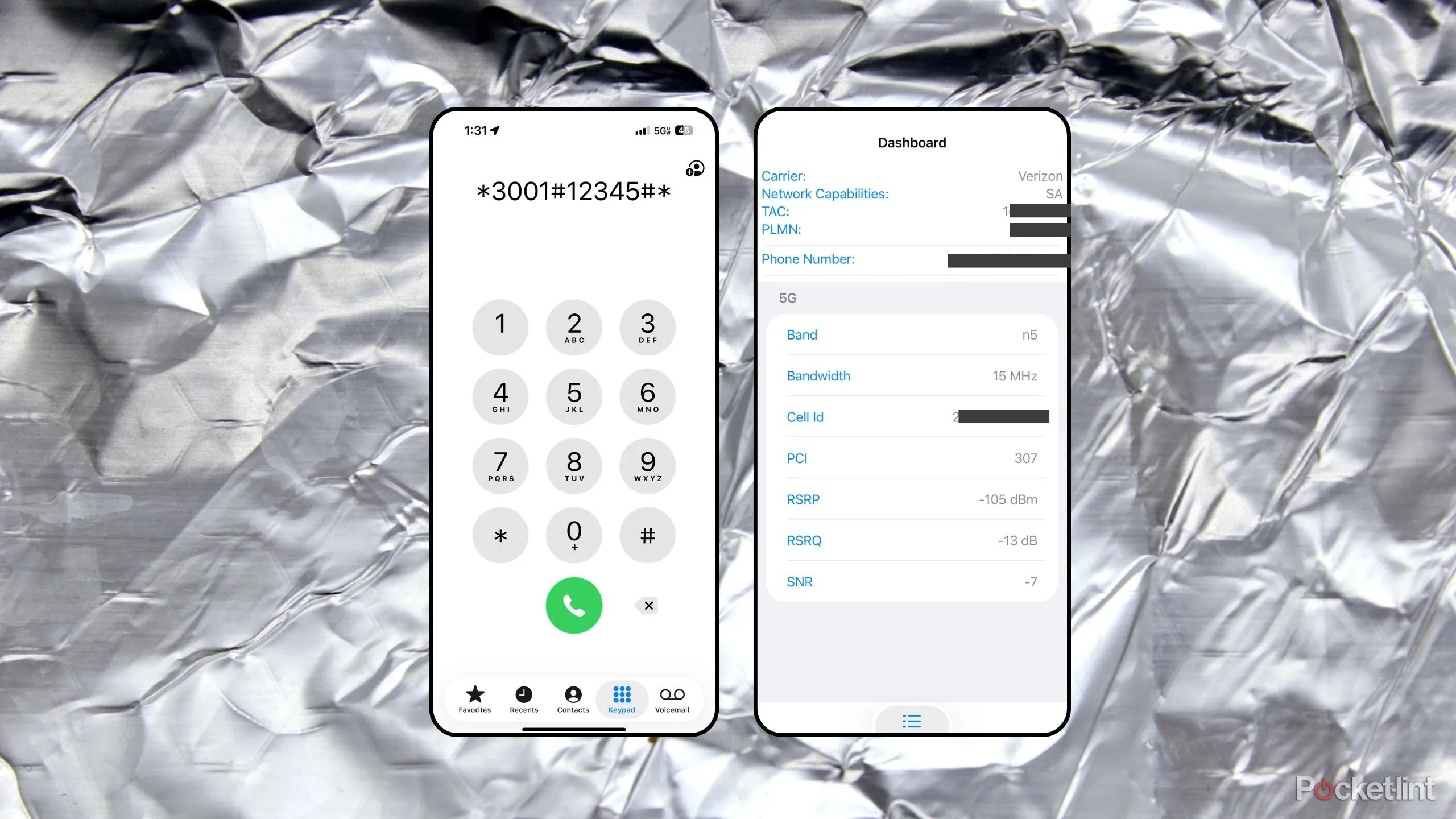 Giao diện Field Test Mode trên iOS hiển thị RSRP, RSRQ và SINR.