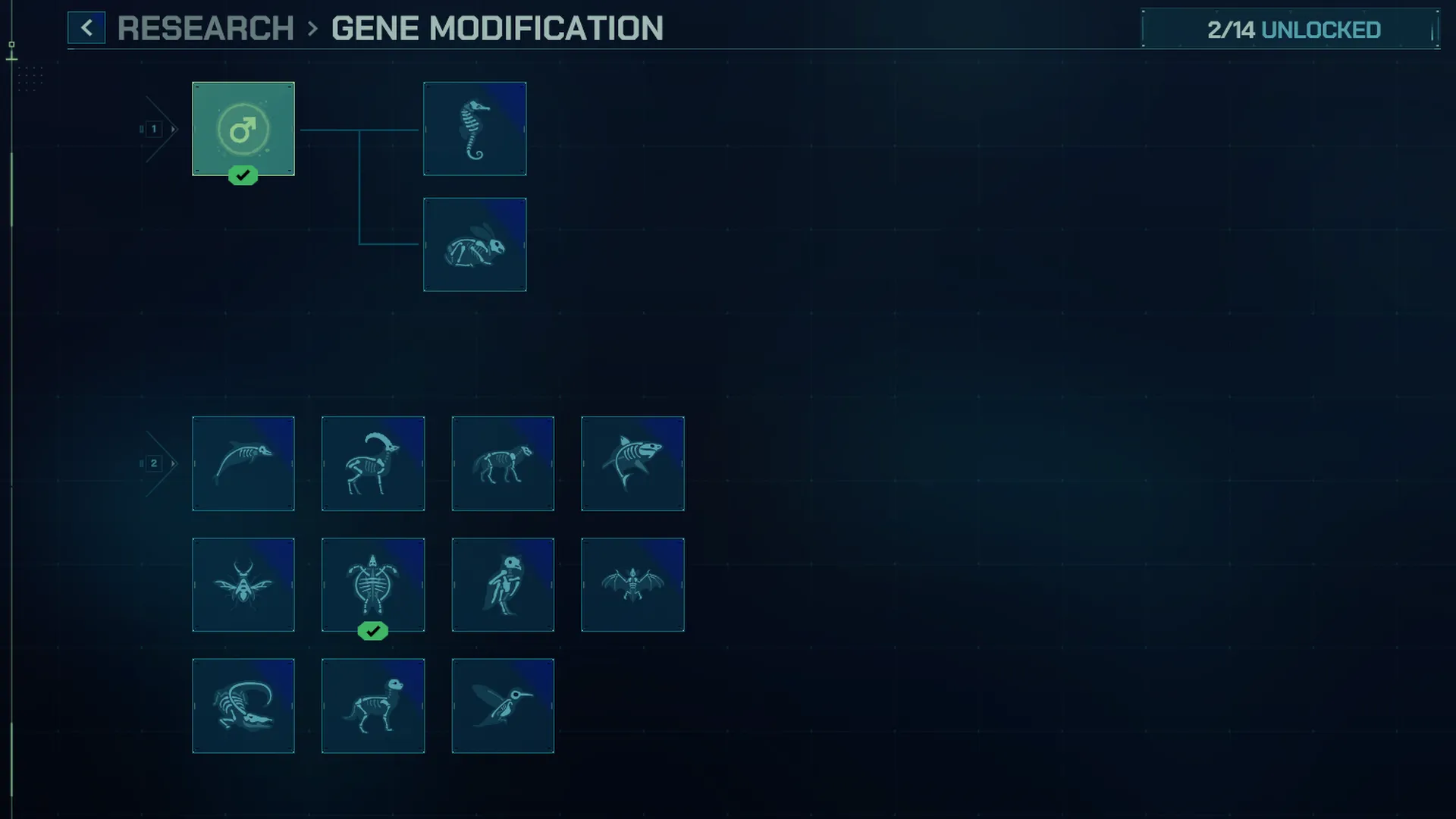 Giao diện Gene Modification trong Jurassic World Evolution 3, thể hiện các trait DNA giúp khủng long hiền hòa hơn và chịu đựng tốt hơn trong Hatchery