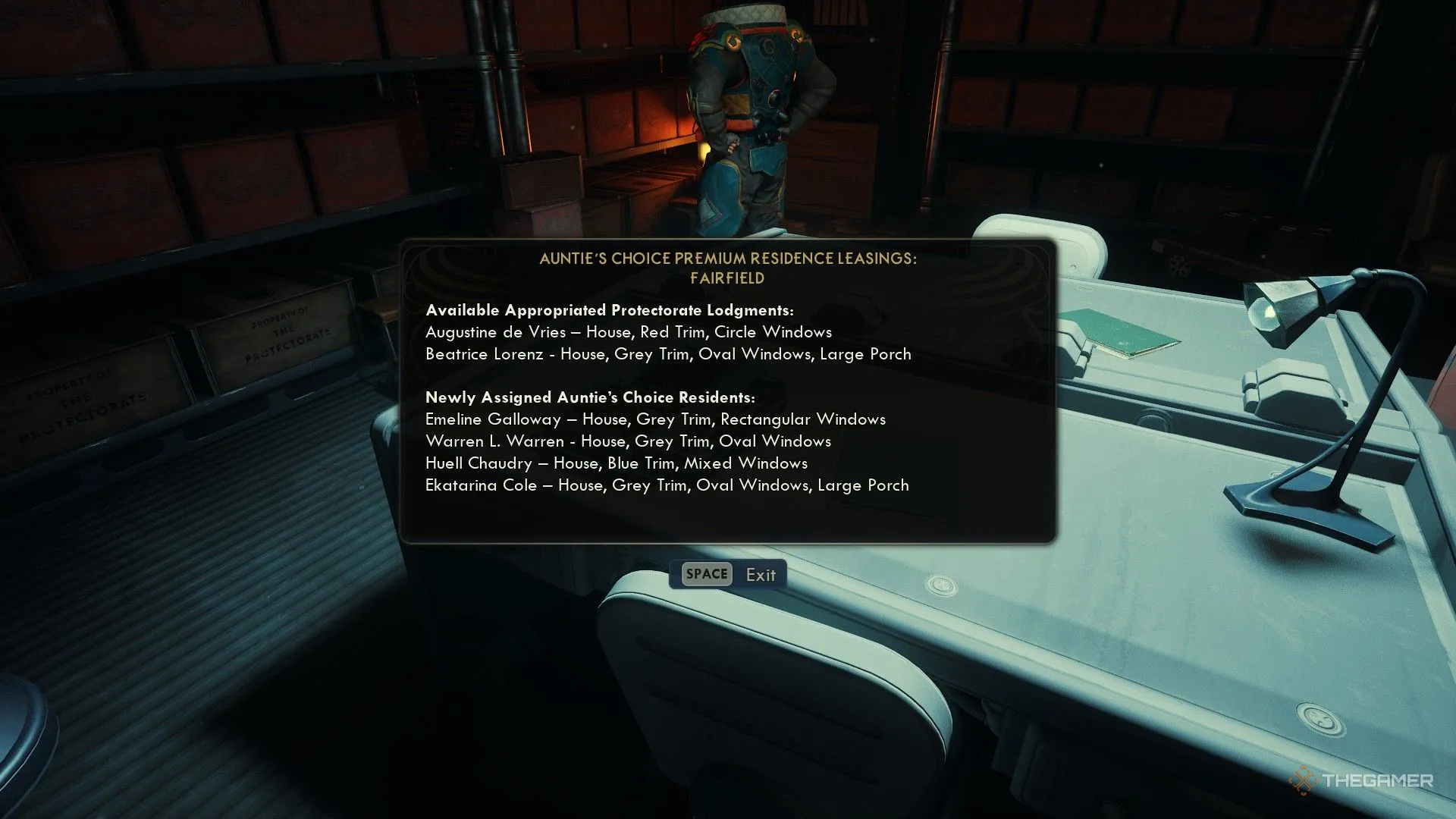 Giao diện hiển thị vị trí NPC và khu vực sinh sống trong Fairfield, The Outer Worlds 2