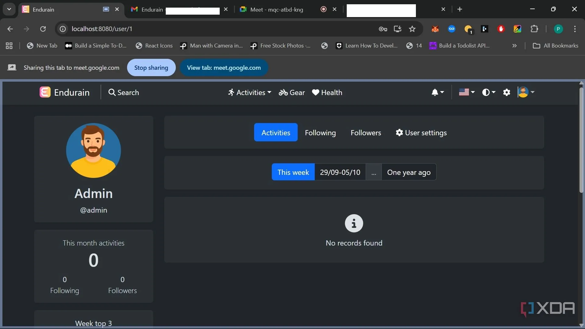 Giao diện hồ sơ Endurain, hiển thị tiến trình chạy và mục tiêu tuần