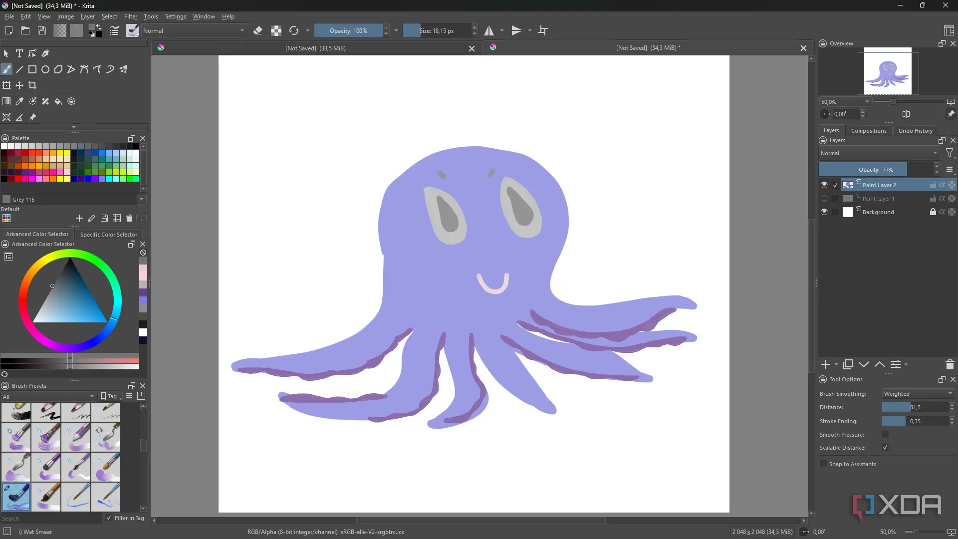 Giao diện Krita với layer tham chiếu ẩn — minh họa công cụ brush và quản lý layer cho vẽ chi tiết game