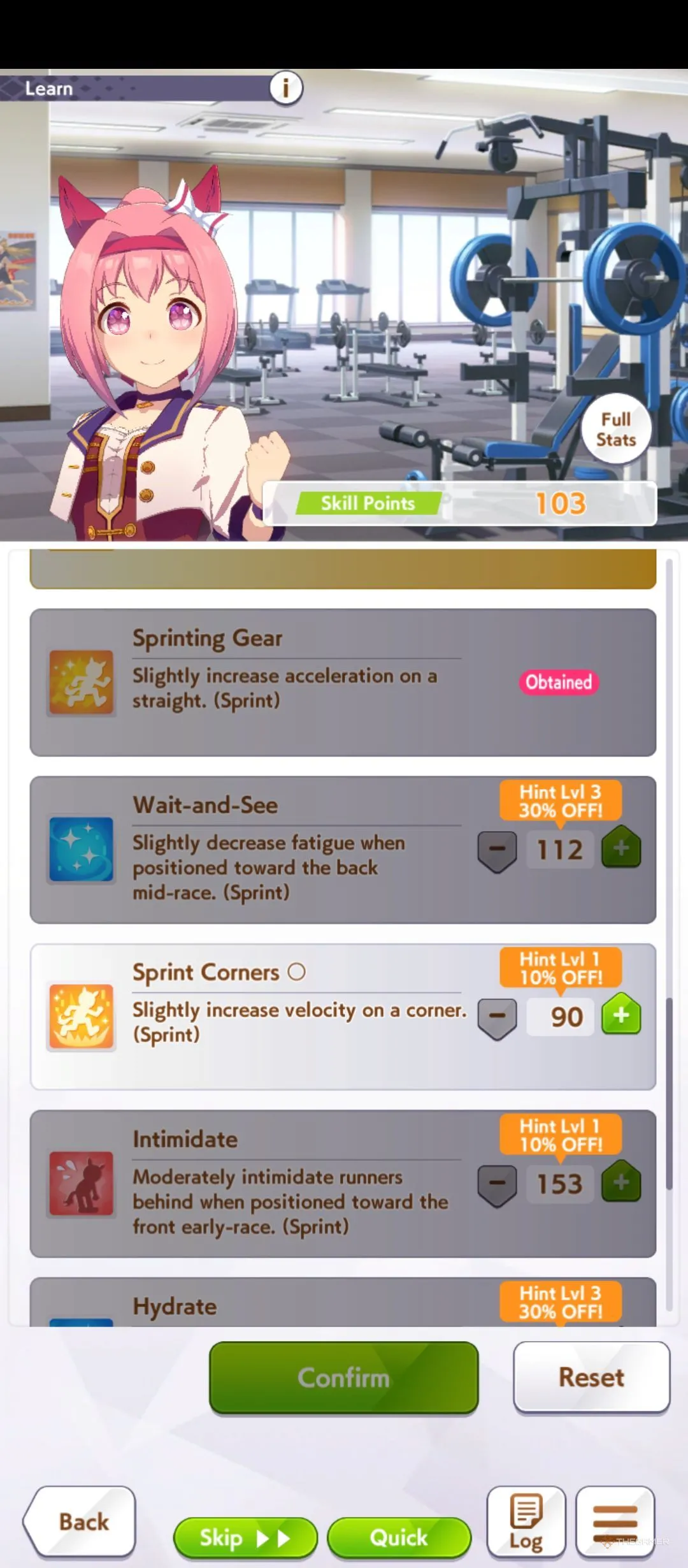 Giao diện kỹ năng Haru Urara hiển thị các skill phục vụ phong cách Late Surger và Sprint.