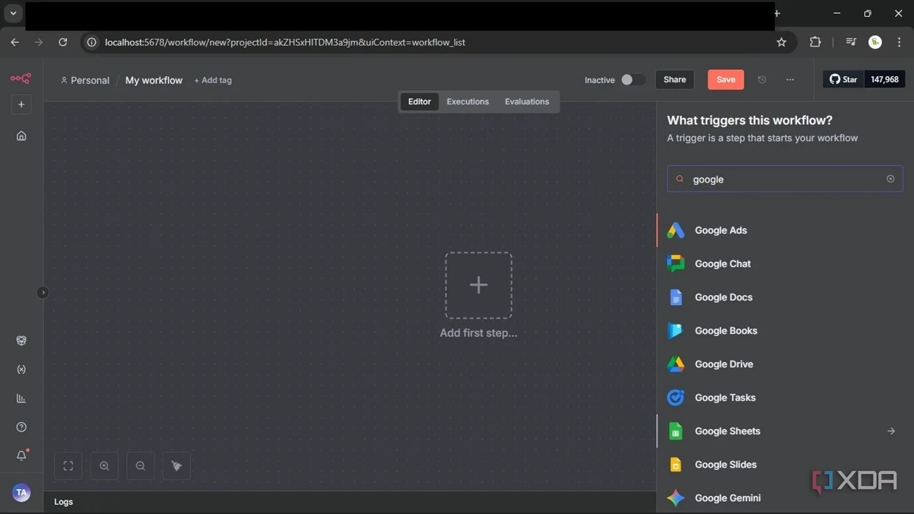 Giao diện n8n tự host trên PC với editor workflow