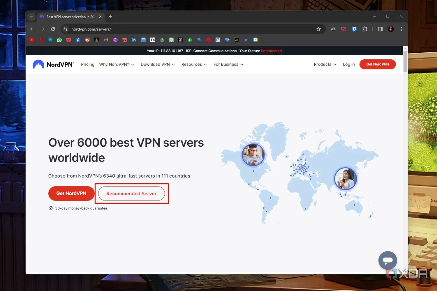 Giao diện NordVPN hiển thị trang server gợi ý, minh họa chọn server gần vị trí để tối ưu tốc độ