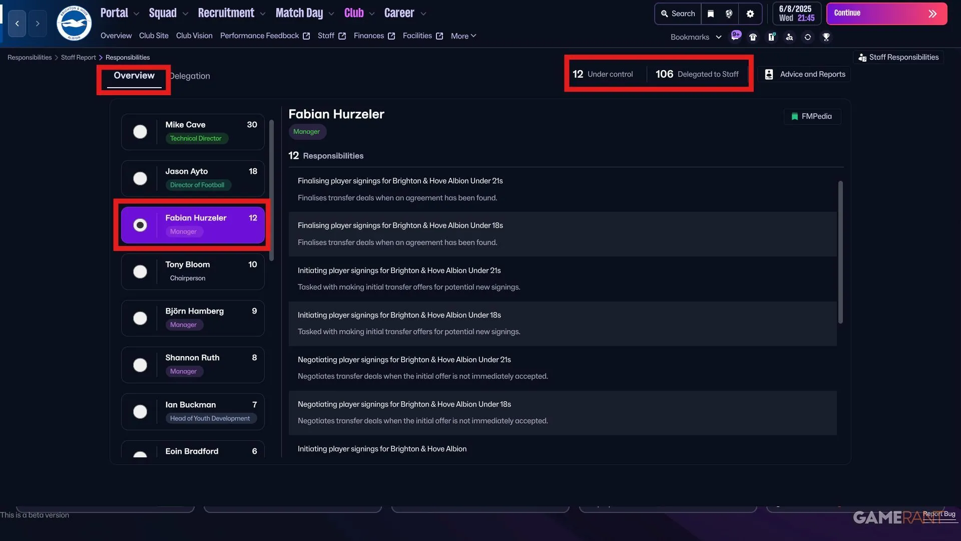 Giao diện Overview hiển thị số nhiệm vụ Under Control và Delegated to Staff trong FM26