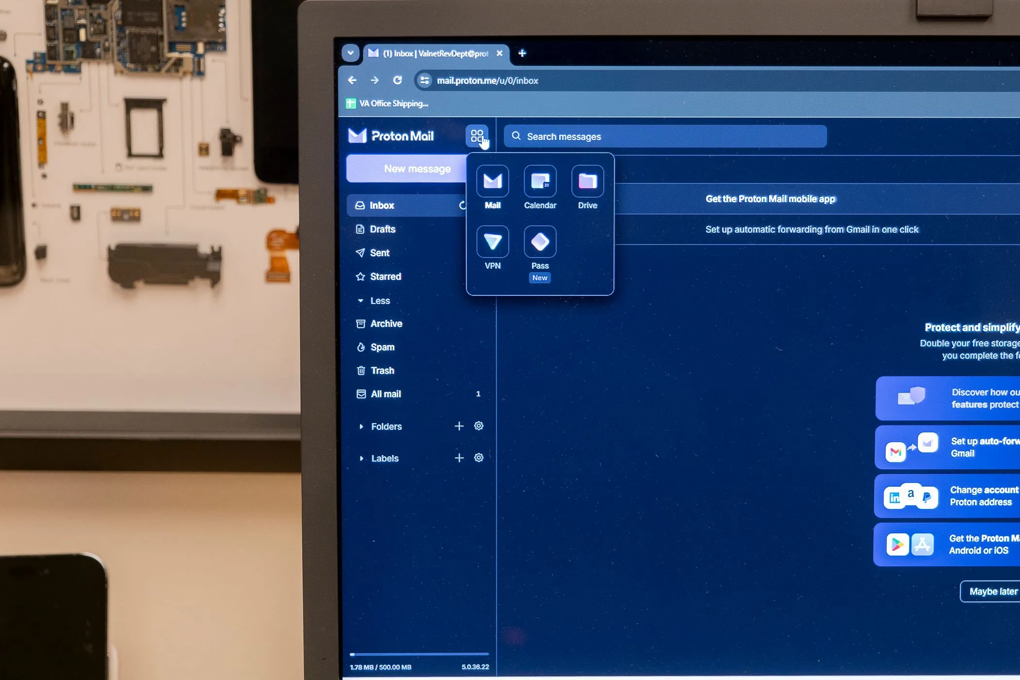 Giao diện ProtonMail, biểu tượng hệ sinh thái bảo mật của Proton (minh họa liên quan tới ProtonVPN)