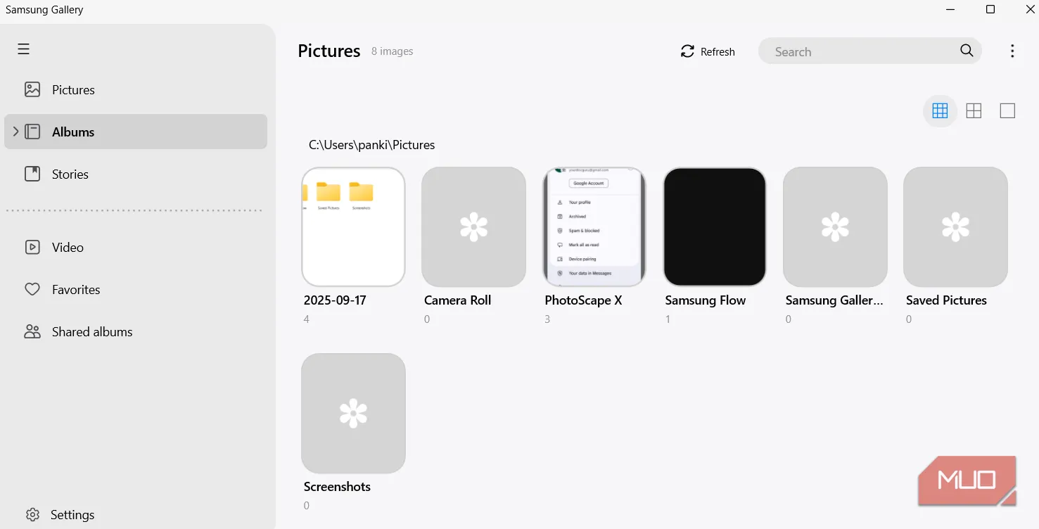 Giao diện Samsung Gallery trên PC hiển thị album ảnh và công cụ chỉnh sửa
