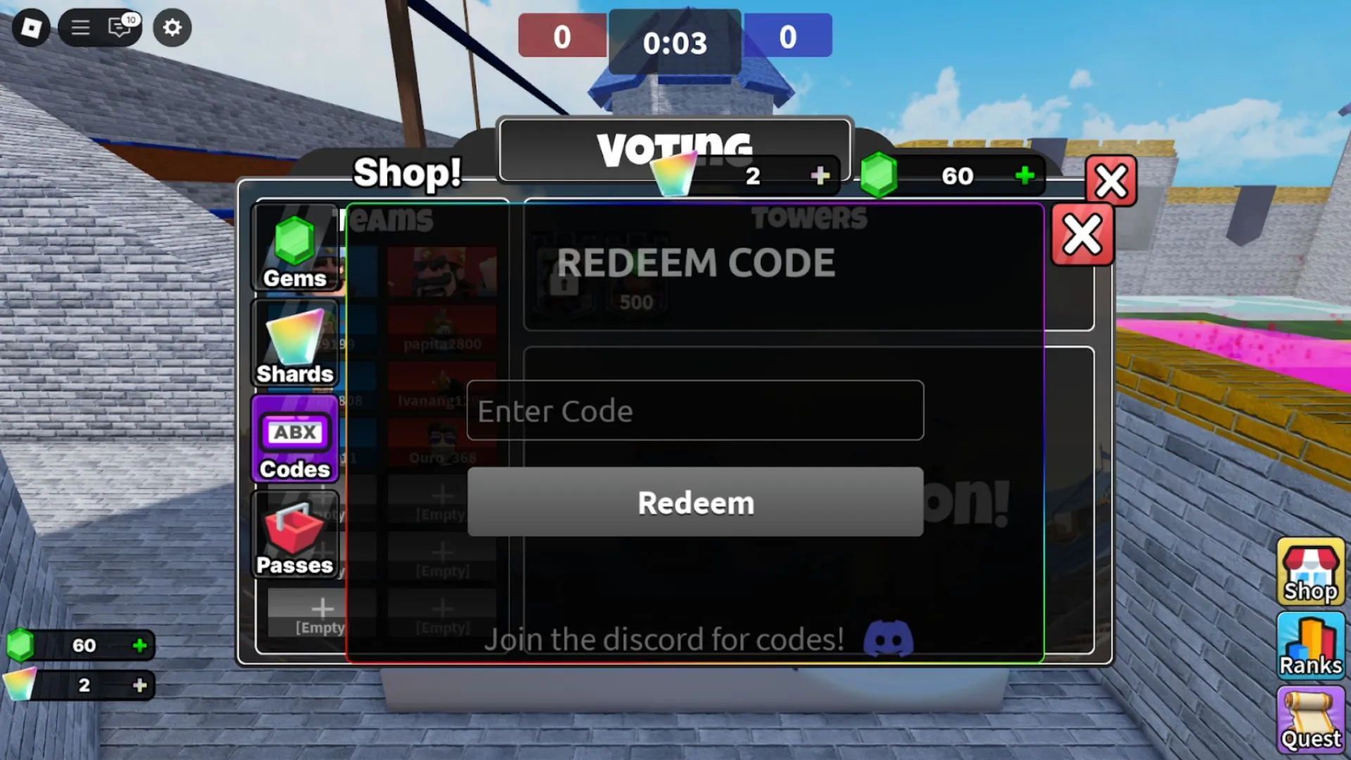 Giao diện tab nhập mã trong Clashers Royale trên Roblox, hiển thị ô nhập và nút Redeem