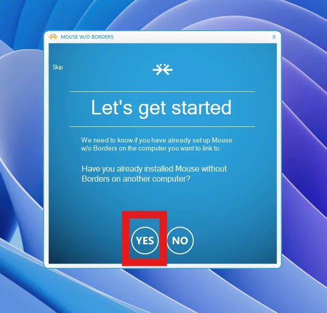 Giao diện thông báo &quot;Yes/No&quot; khi thiết lập liên kết giữa hai máy.