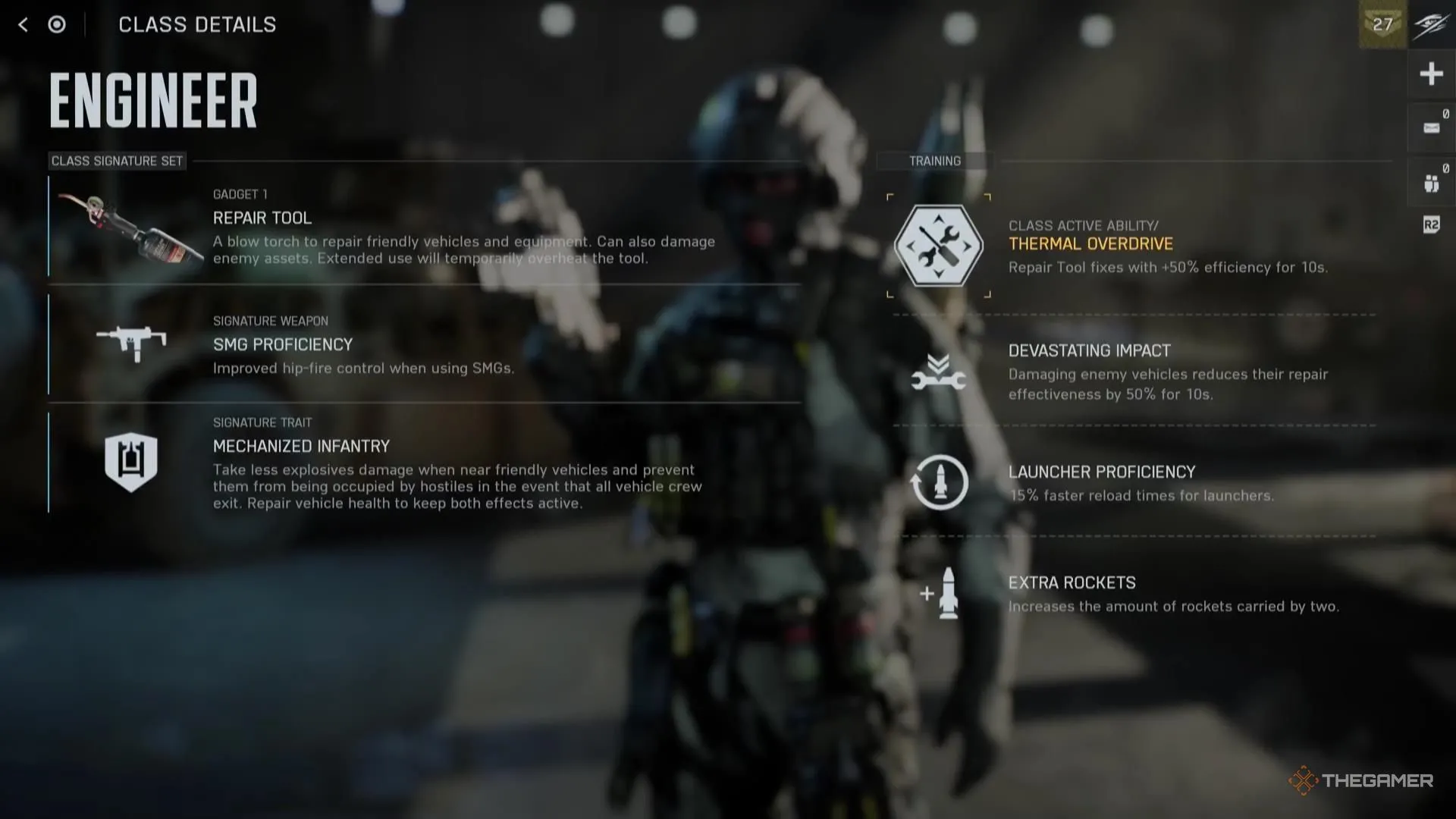 Giao diện thông tin lớp Engineer trong Battlefield 6, hiển thị các Training Path và lựa chọn nâng cấp