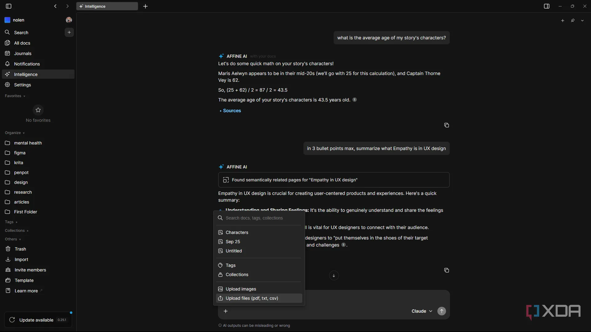 Giao diện trợ lý AI của AFFiNE đang trả về kết quả từ workspace cục bộ, phù hợp cho nhà thiết kế game