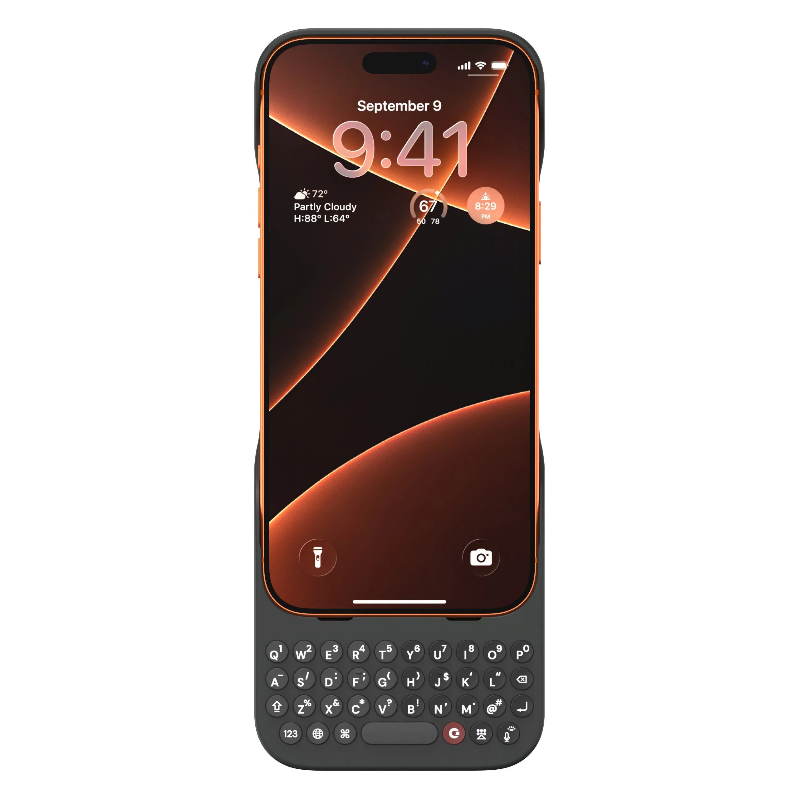 Góc nhìn trước ốp Clicks cho iPhone 17 Pro, cho thấy hàng phím vật lý tích hợp.