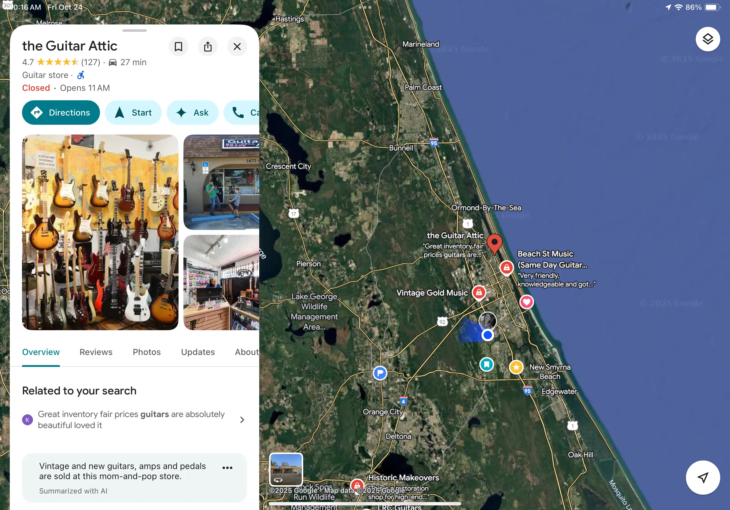Google Maps hiển thị thông tin doanh nghiệp của cửa hàng đàn ở Florida.