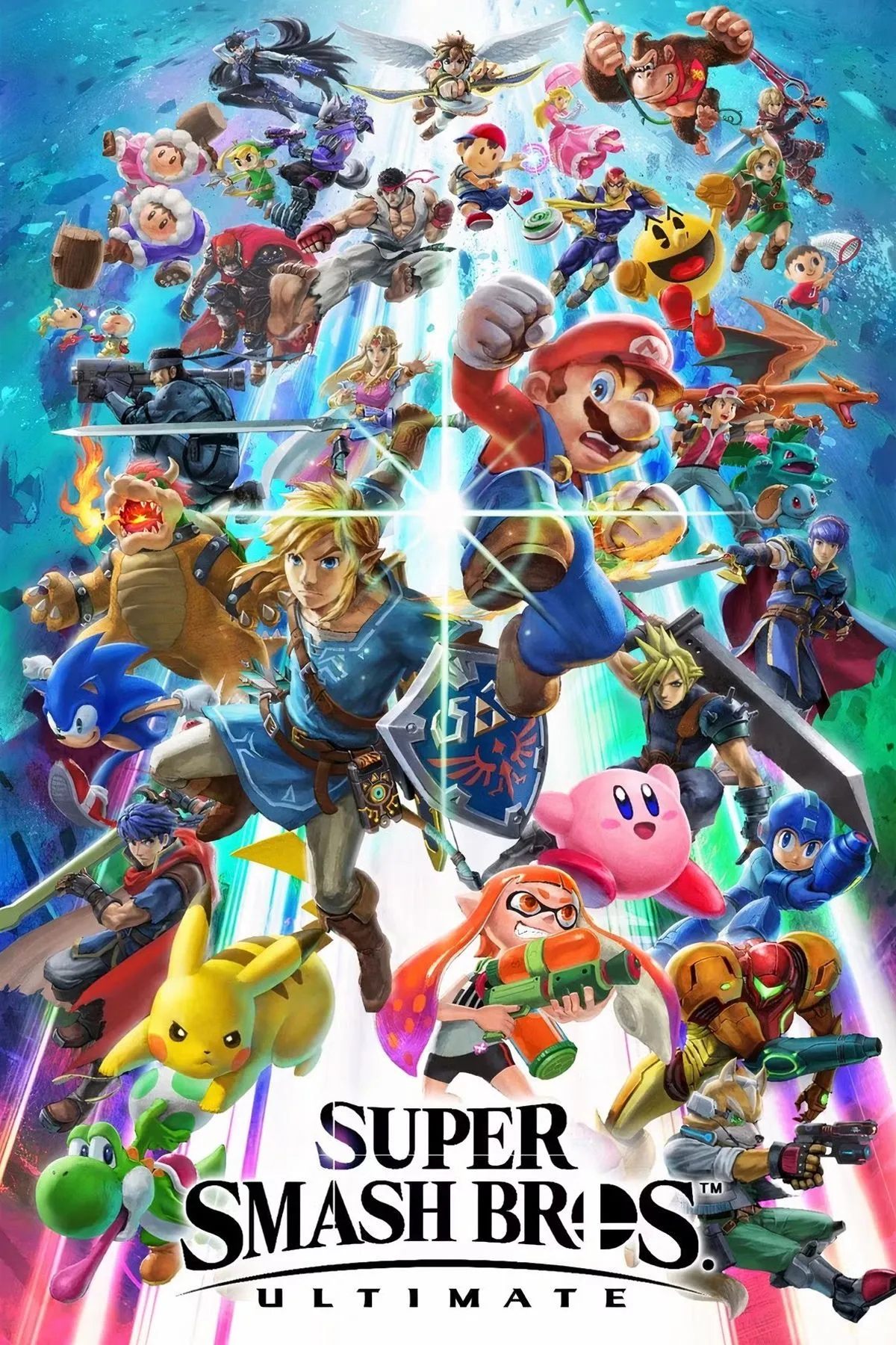 Hình bìa Super Smash Bros. Ultimate với roster nhiều nhân vật từ các IP khác nhau hội tụ trên nền chiến đấu
