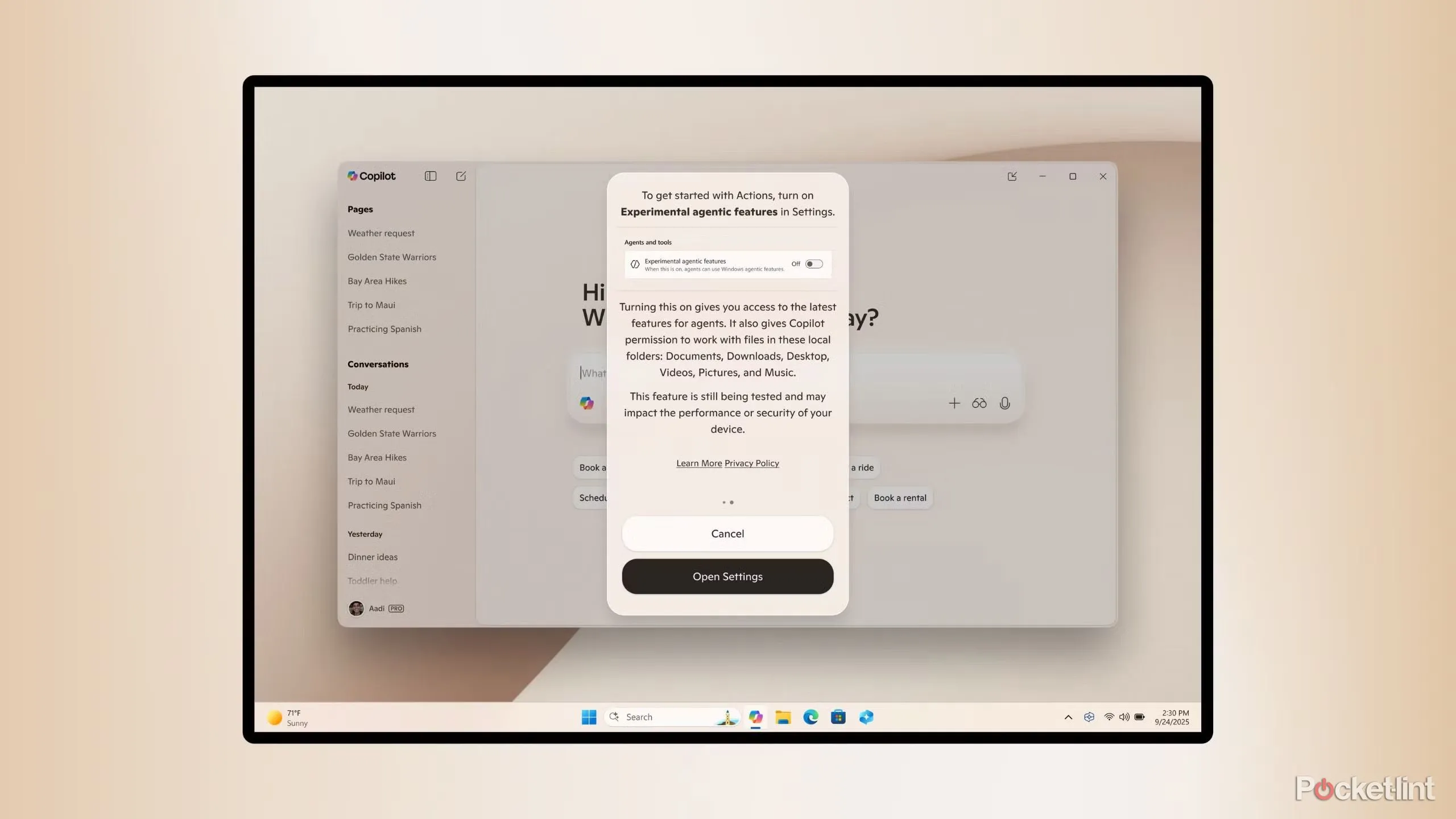Hình minh họa Copilot và các tùy chọn hành động trên Windows 11
