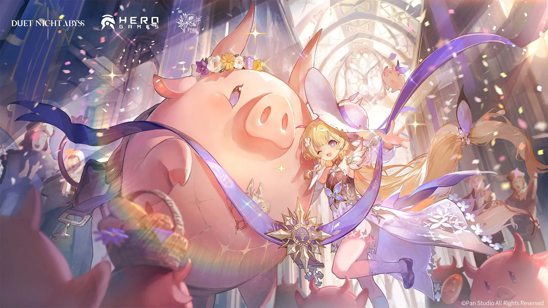 Hình promo Duet Night Abyss thể hiện tiền tệ và vật phẩm trong game, thông tin release và redeem code trước ngày phát hành