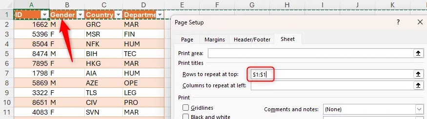 Hộp thoại Page Setup với trường Rows To Repeat At Top chứa tham chiếu hàng tiêu đề, minh họa cách lặp tiêu đề khi in trong Excel.