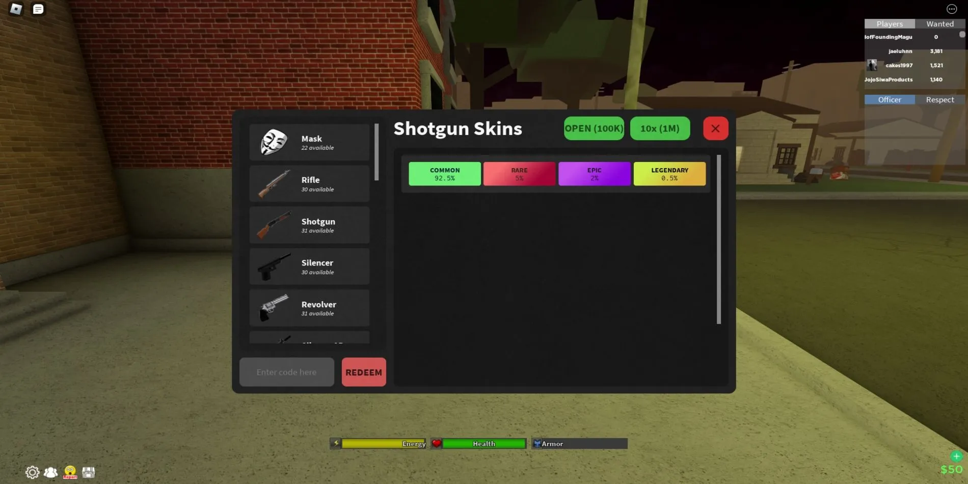 Hướng dẫn nhập mã Redeem trong Da Hood: bấm biểu tượng hòm, nhập mã và nhận tiền