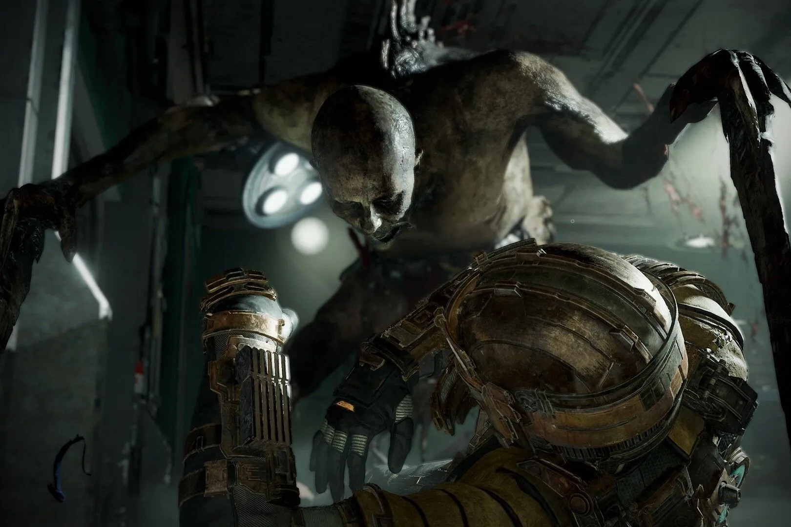 Isaac bị tấn công bởi một Necromorph trên USG Ishimura trong Dead Space Remake