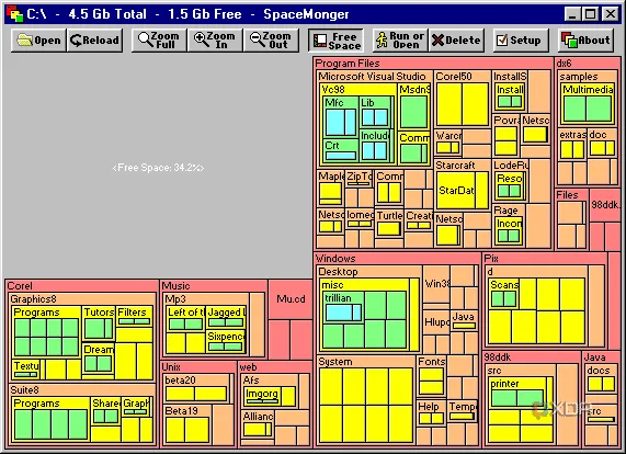Logo SpaceMonger với đồ họa retro hiển thị phân vùng và biểu đồ không gian ổ đĩa