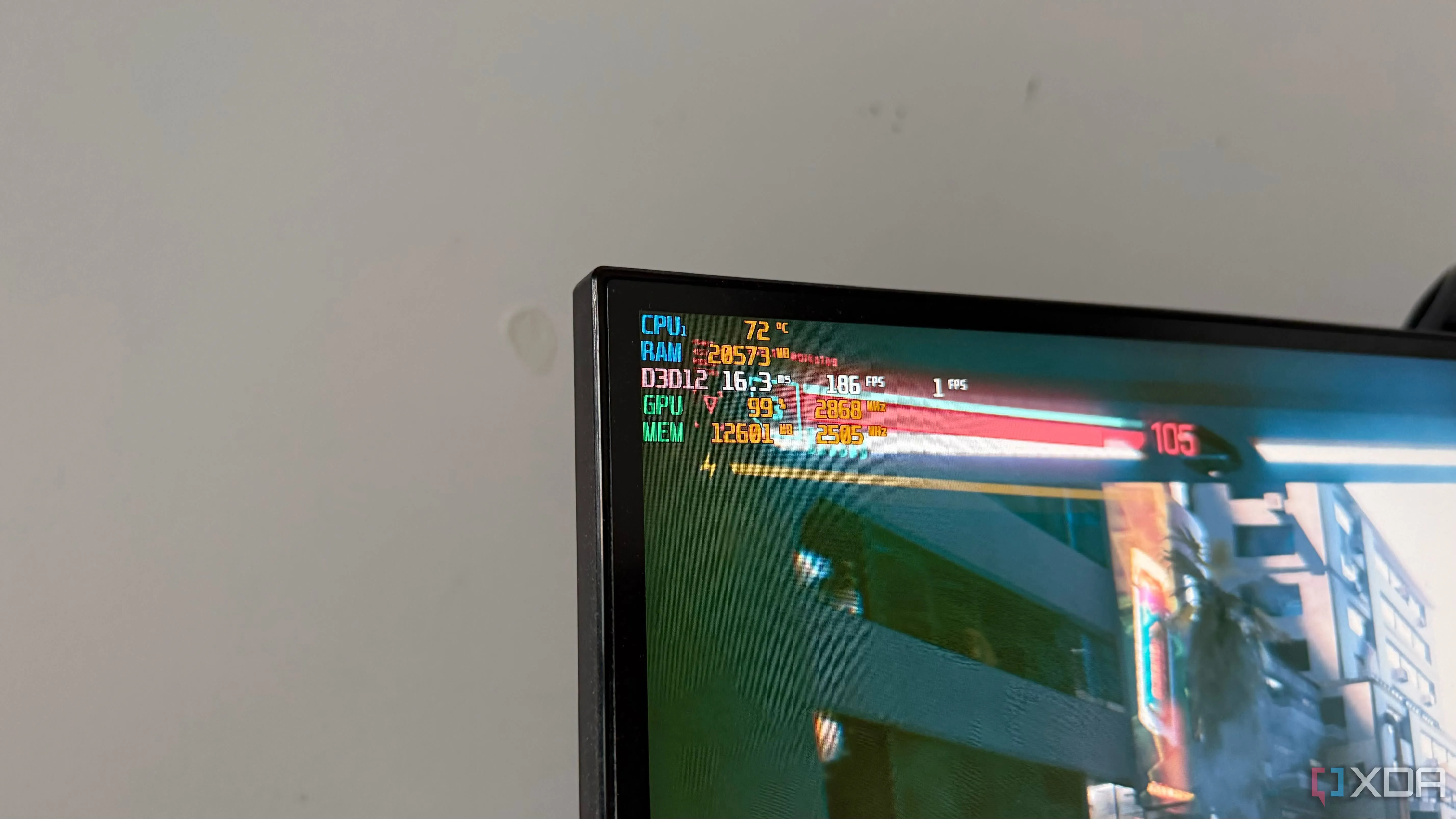 Màn hình hiển thị thông số hiệu năng cho Cyberpunk 2077, minh họa ảnh hưởng của điện áp không ổn định lên hiệu năng và nhiệt độ