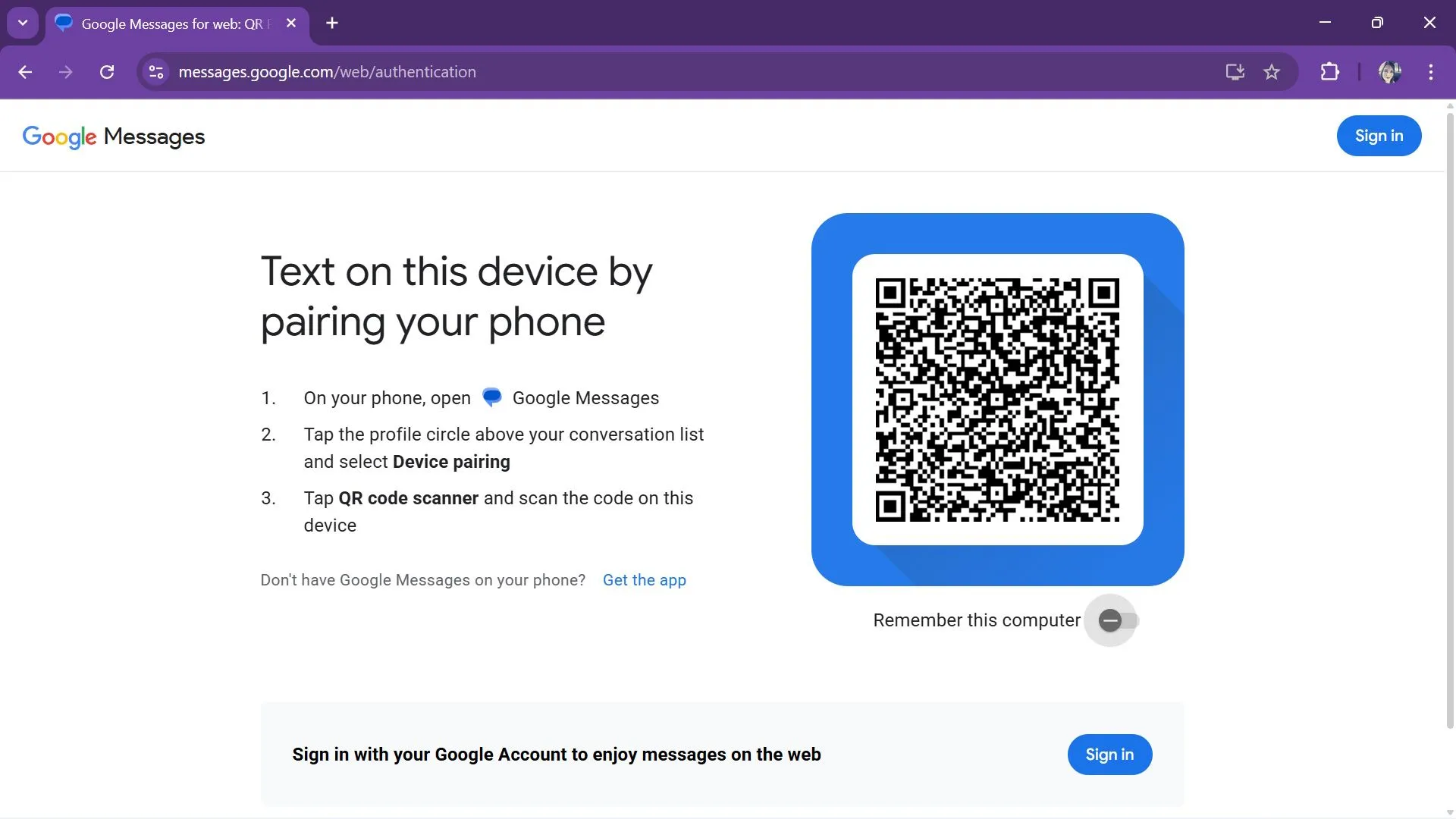 Màn hình yêu cầu quét QR code để ghép nối Google Messages web với điện thoại