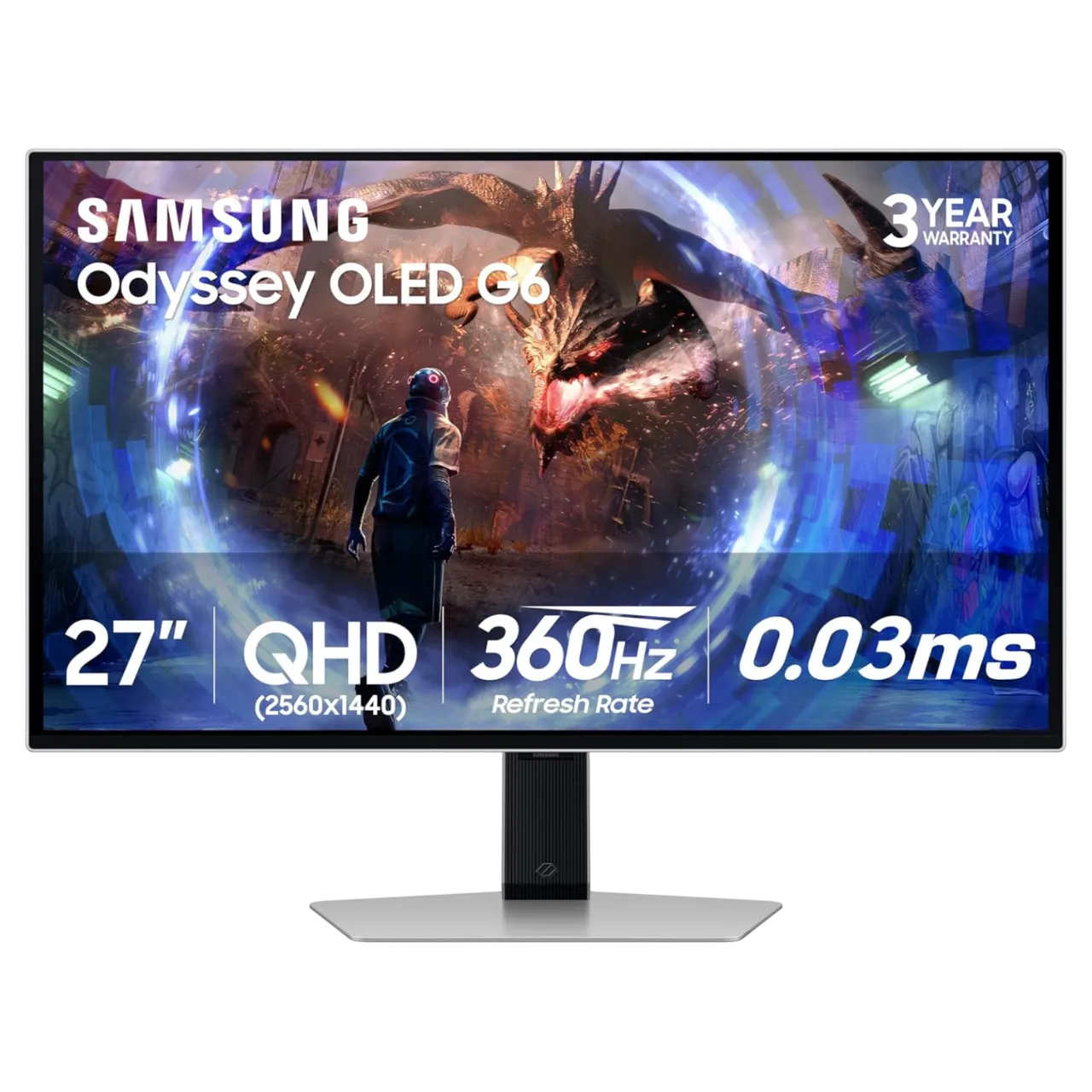 Màn Samsung Odyssey G6 27 inch QD-OLED với tần số quét 360Hz trên nền tối, phù hợp cho game thủ cạnh tranh