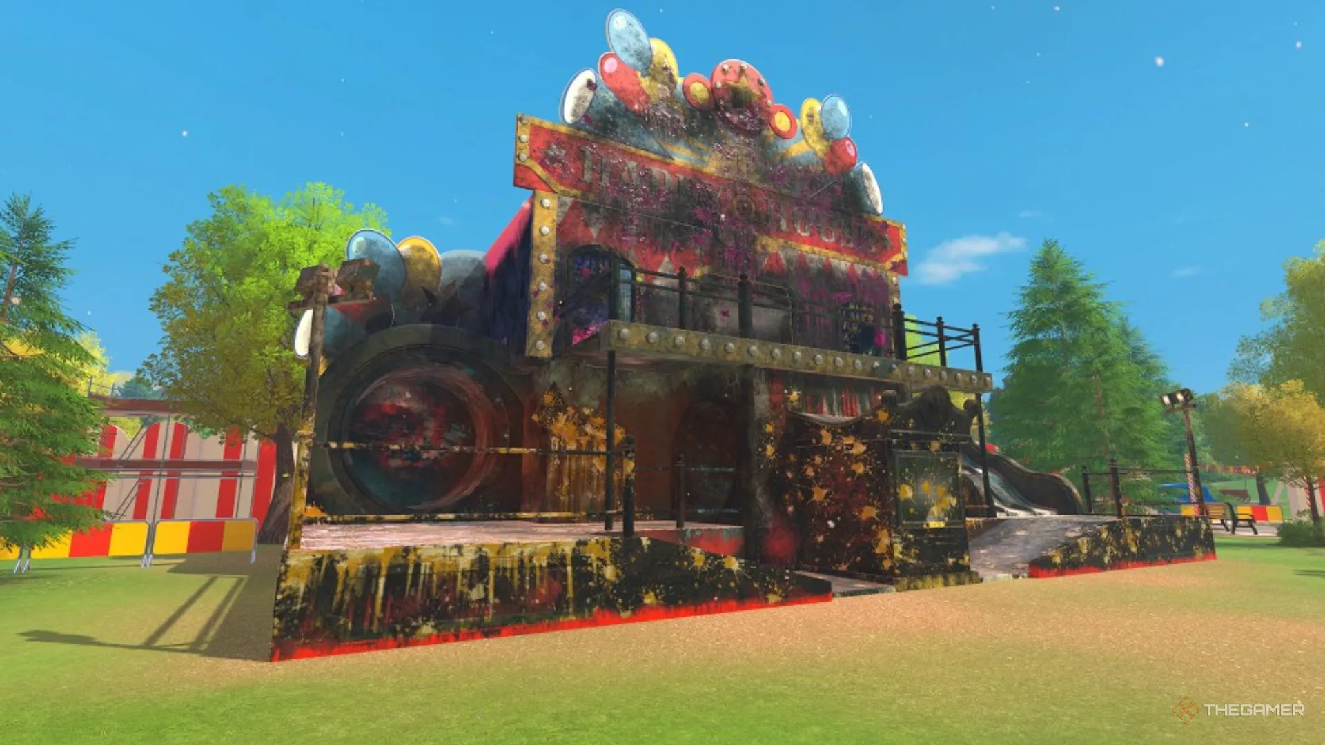 Mặt ngoài của Fun House phủ bụi, nhiều họa tiết cần làm sạch trong PowerWash Simulator 2.