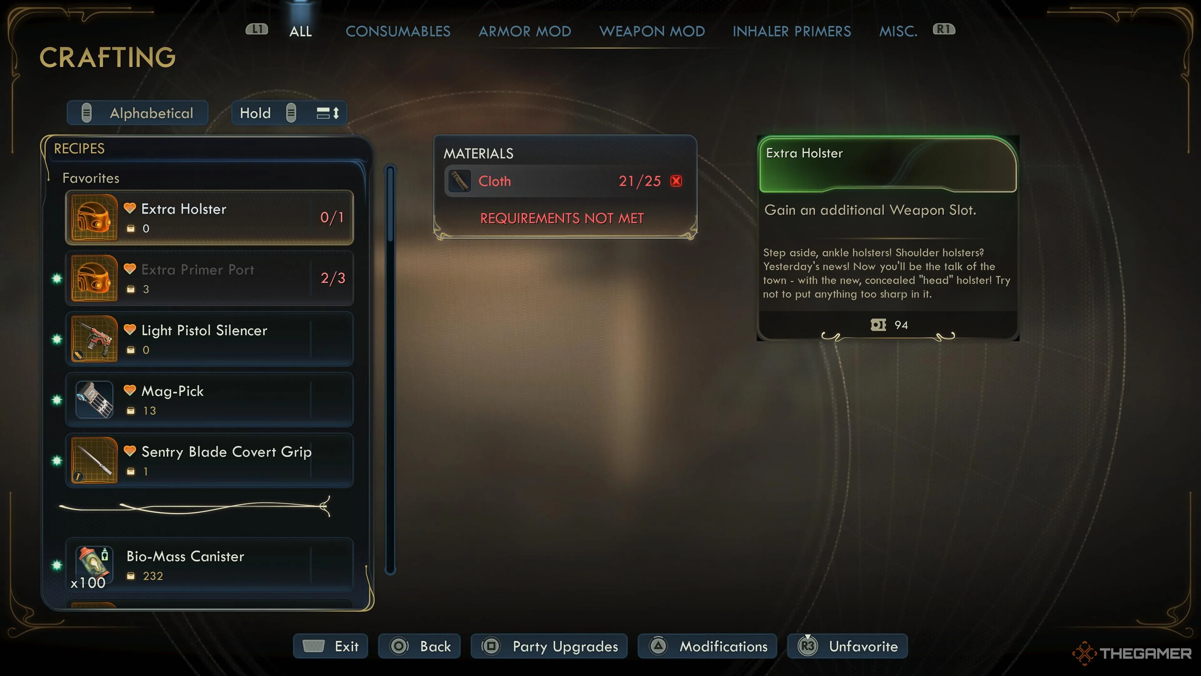 Menu chế tạo hiển thị vị trí holster trong The Outer Worlds 2 và ví dụ tài nguyên dùng để craft