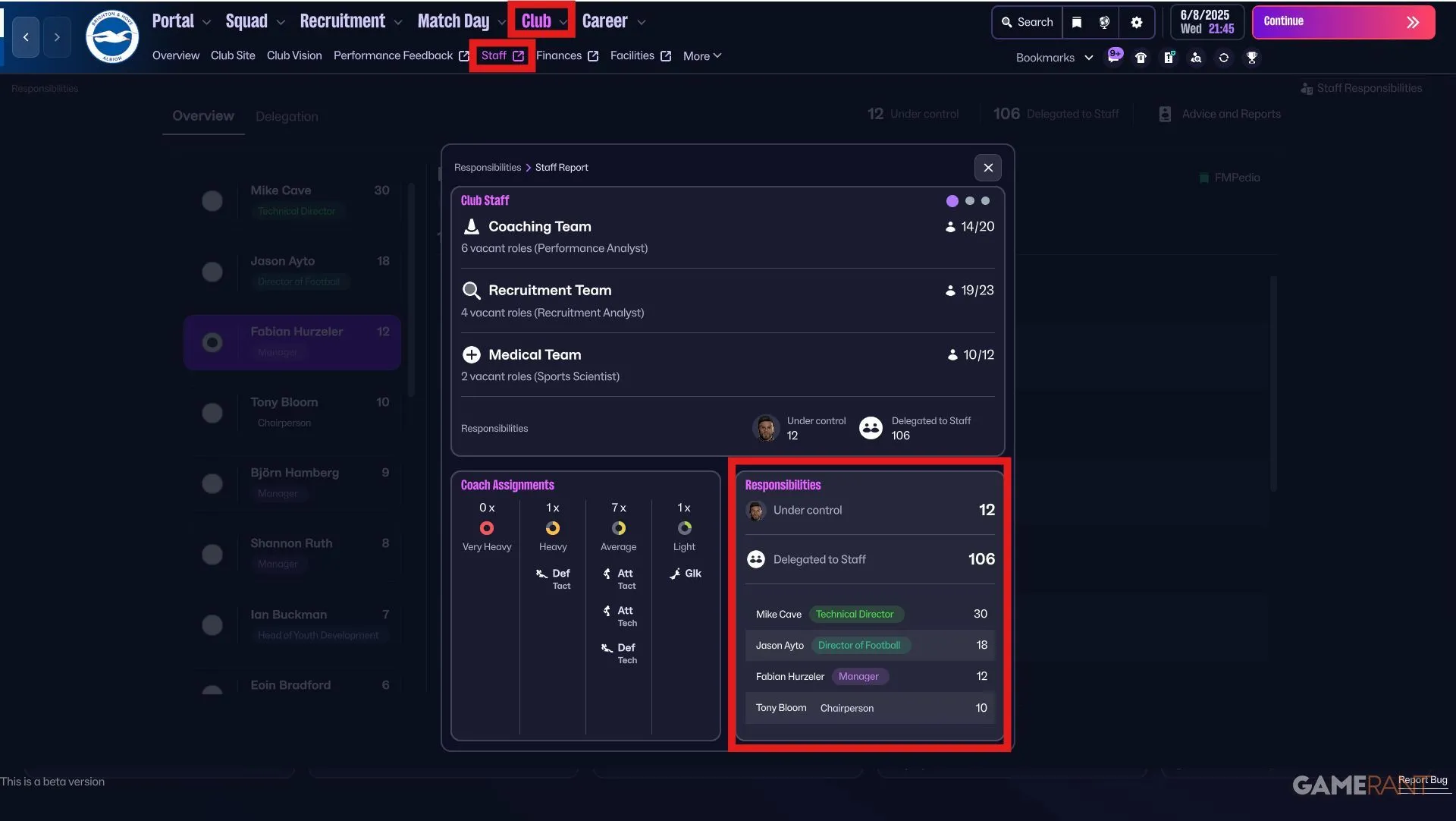 Menu Delegation trong Football Manager 26, hướng dẫn tìm vị trí phân công nhân sự