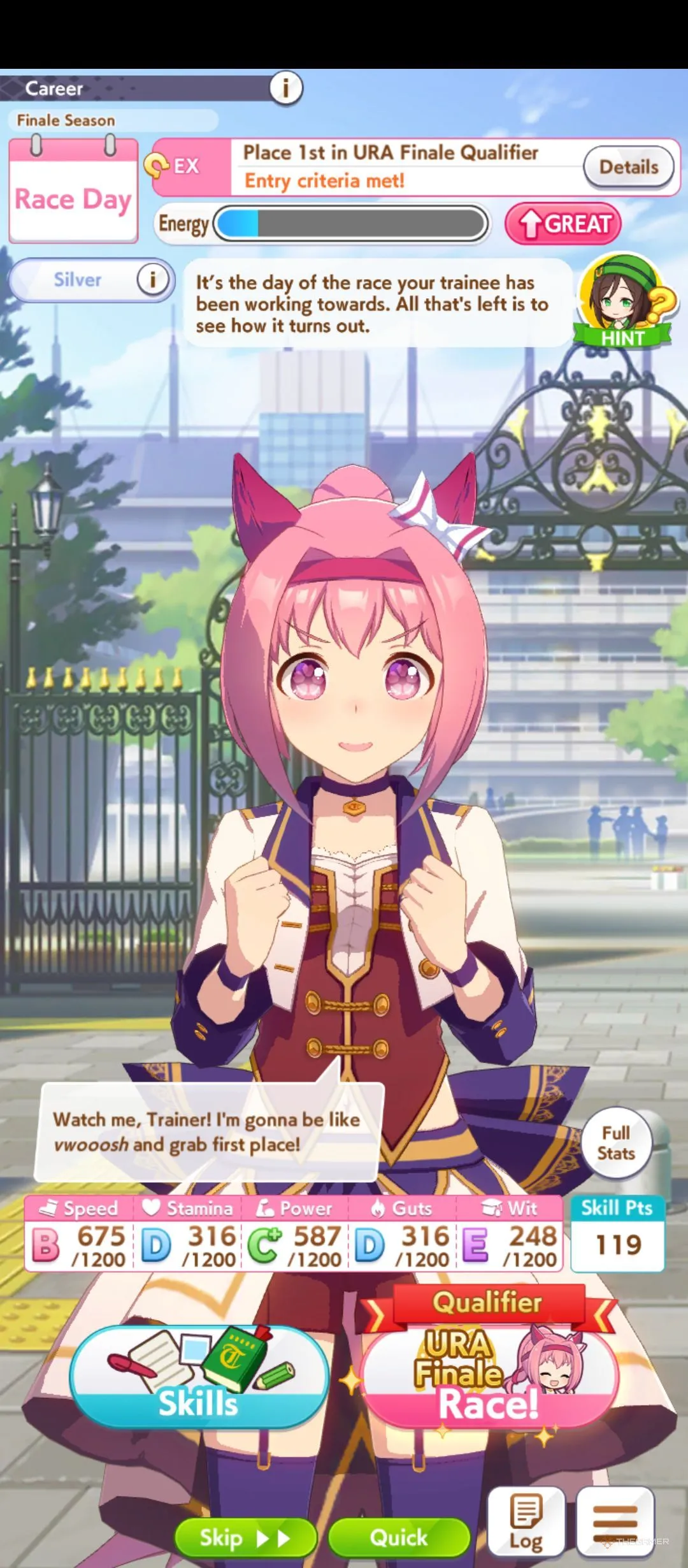 Menu huấn luyện Haru Urara trong Umamusume hiển thị các lựa chọn tăng chỉ số và trạng thái tập luyện.