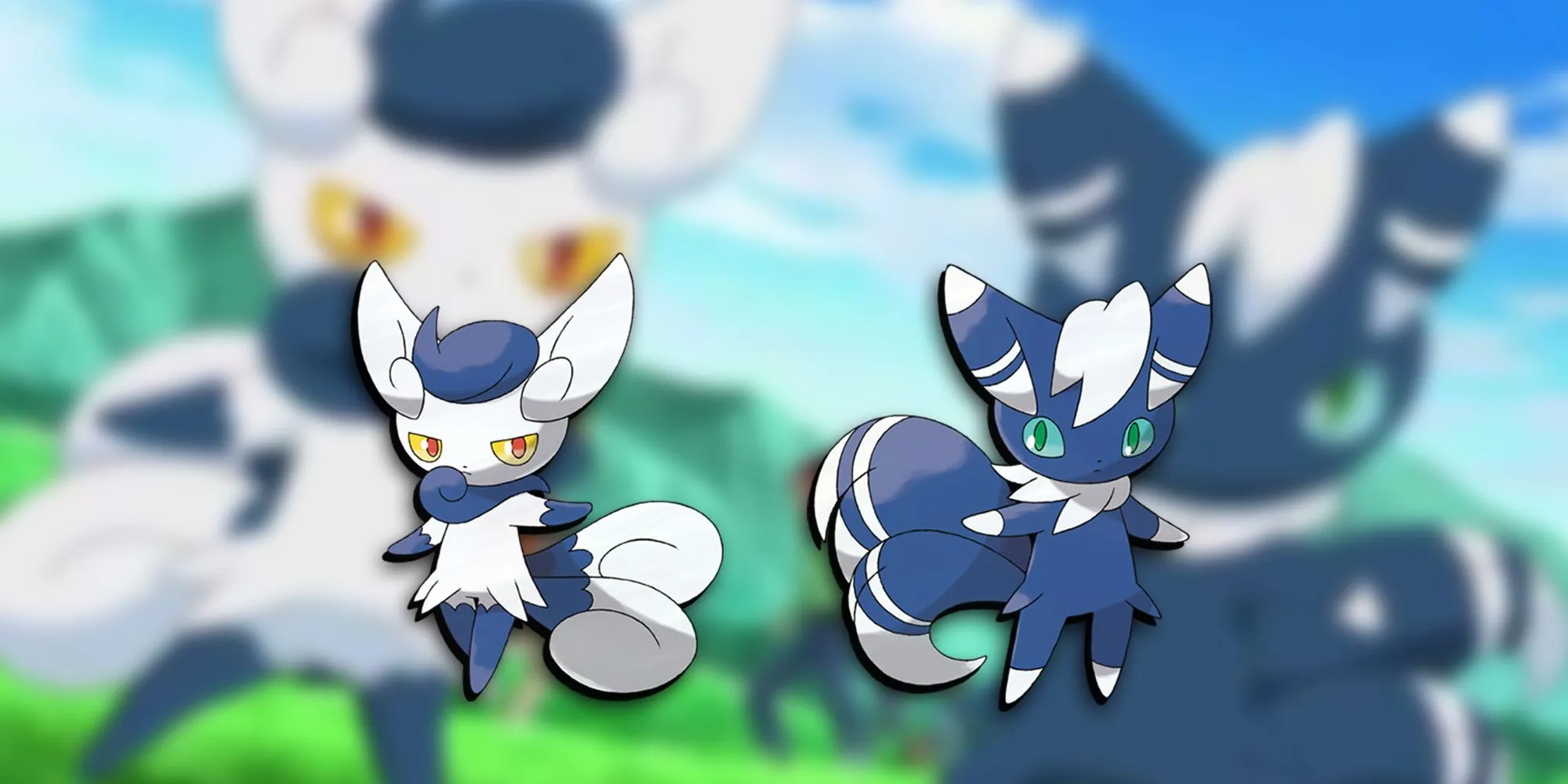 Meowstic với hai mẫu đực và cái, thể hiện sự khác biệt ngoại hình và tiềm năng Mega